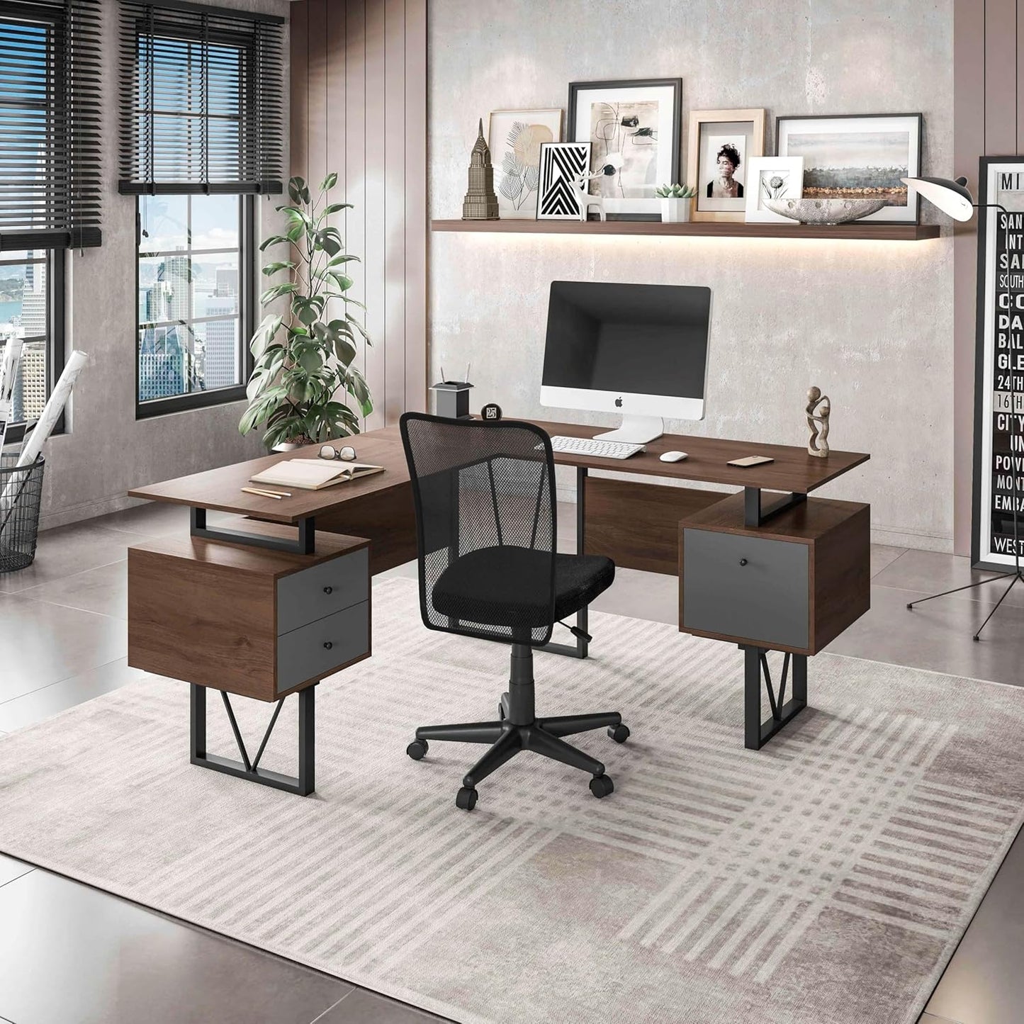 Techni Mobili Reversible L Shaped Desk with File Cabinet and Drawers 59” W – Modern Versatile L Shaped Office Desk with Drawers and File Cabinet - Brown