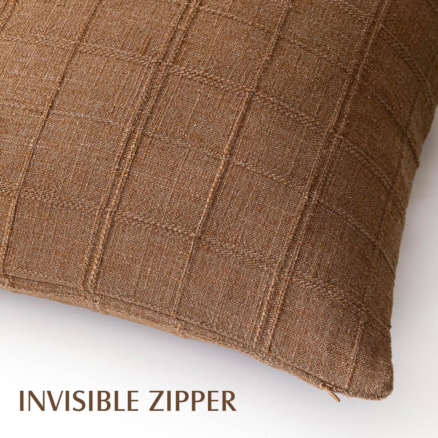 Foindtower Set of 2 Decorative Linen Check Throw Pillow Covers Neutral Farmhouse Vintage Cushion Covers Modern Boho Home Decor for Sofa Chair Couch Bedroom Living Room Outdoor,16×16 Inch,Brown Hazel