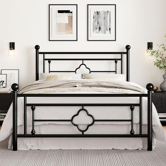 SHA CERLIN 14 Inches Full Size Metal Platform Bed Frame/Vintage Iron-Art Headboard and Footboard/Mattress Foundation for Storage/No Box Spring Needed/Noise-Free/Easy Assembly/Black