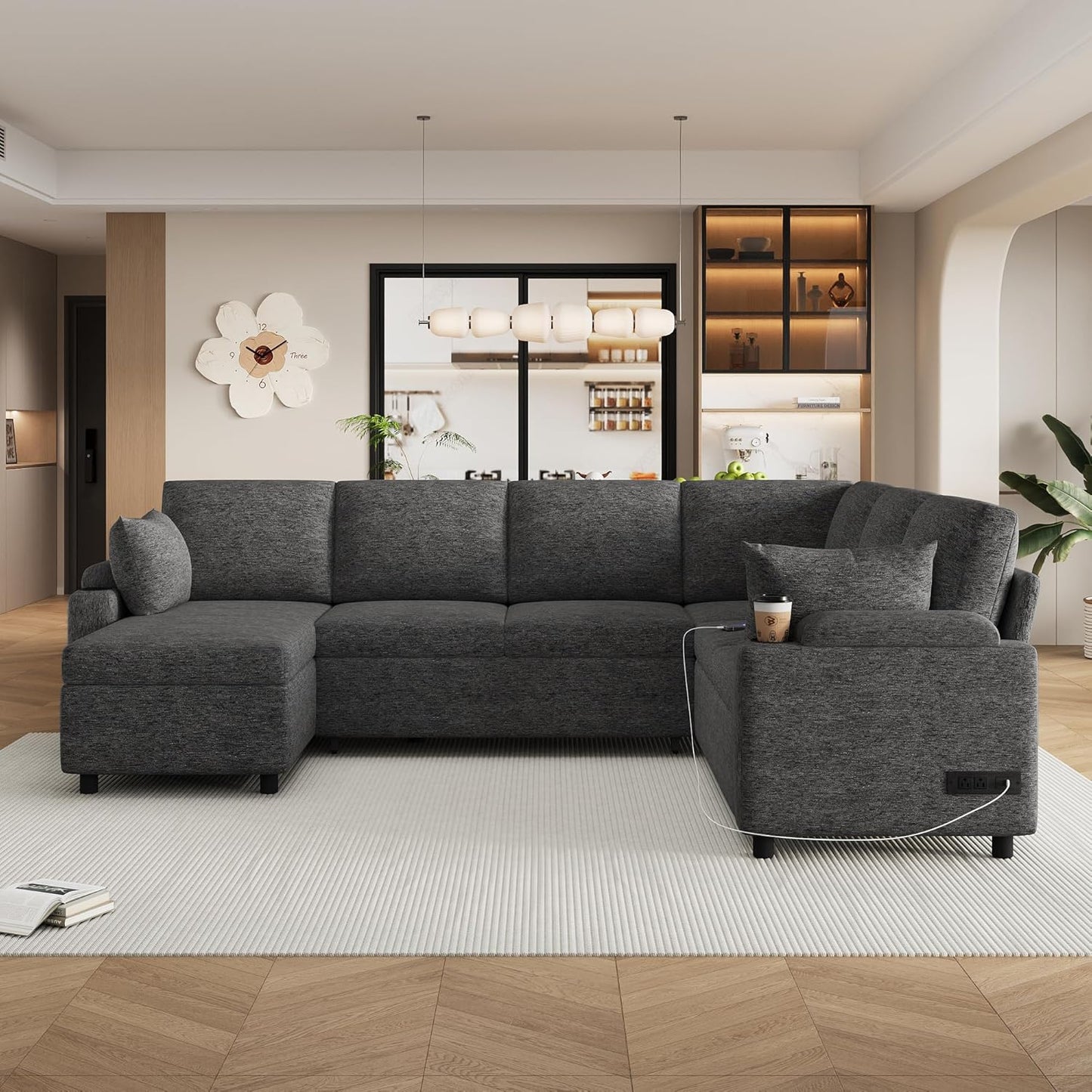 Eafurn Oversized U Shaped Sectional Sleeper Sofabed Pull Out Couch Bed for Living Room 6 Seater Upholstered Convertible Pullout Lounge Sofa Couch w/Storage Chaise, USB Ports for Living Room Apartment