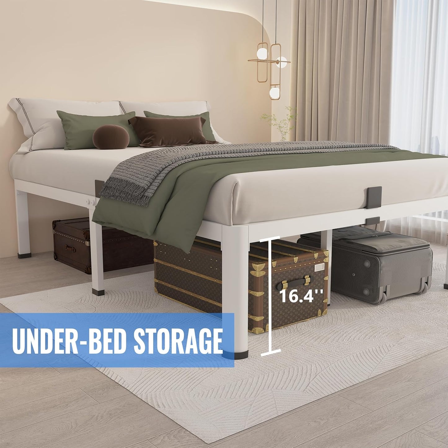 MAF 18 Inch Full Size Bed Frame White with Round Corner Legs Mattress Slide Stopper No Box Spring Needed Heavy Duty Metal Platform Bed Frames Under-Bed Storage Space, 3000 LBS Steel Slats Support