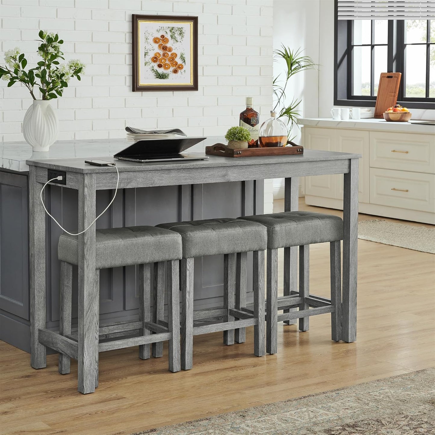 Ball & Cast 4 Piece Kitchen Dining Room Table and Chairs Set, Farmhouse Wooden Counter Height Bar-Sets w/USB Ports & Power Outlet & 3pcs Stools, 59" Sofa-Table Barstool w/Charging Station, Grey