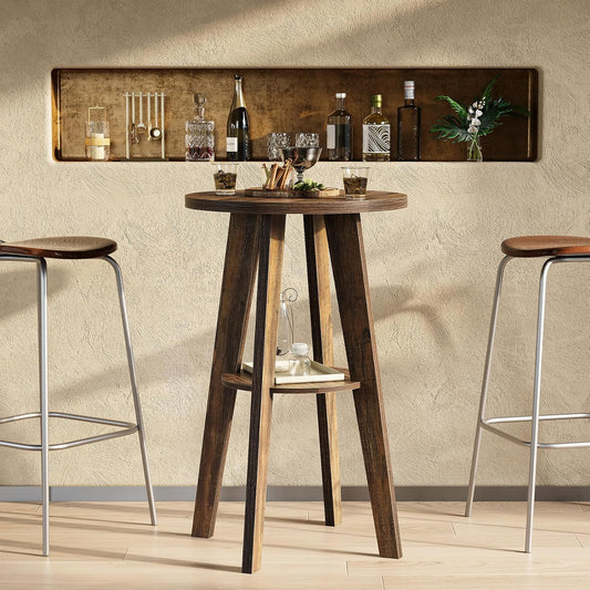 LITTLE TREE Portable Round Bar Table, High Top Bistro Pub Table, Mobile 2-Tier Shelves for Events, Party, Camping, Picnic, Tradeshow, 35.4-Inch Height (Brown, 1-Pack)