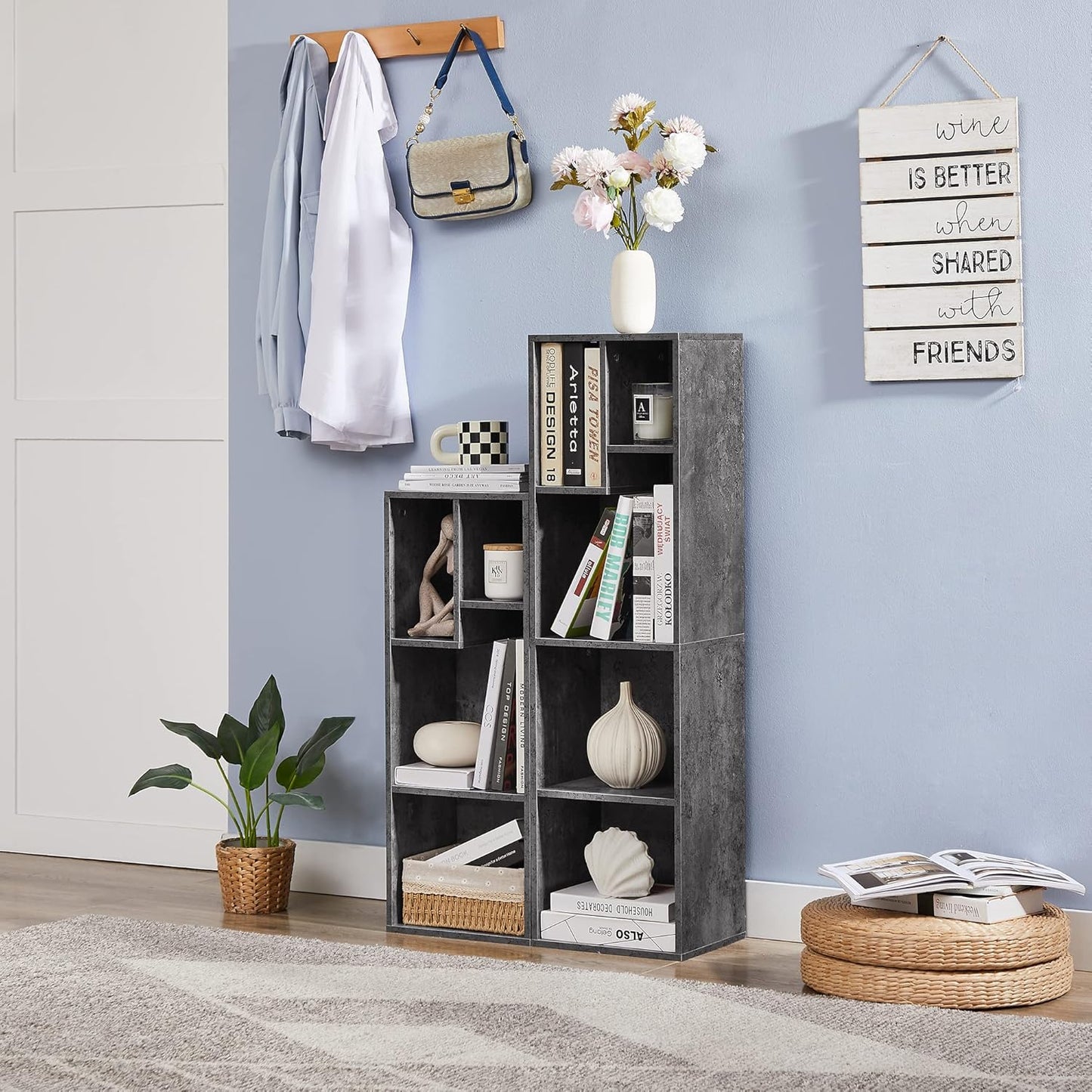 VECELO Small Bookshelf, 4 Cube Slim Bookcase, Fits Tallest Hardcovers, Horizontal Available, Modern Floor Standing Unit, Each Shelf Hold Up to 66 LBS, Modern Gray