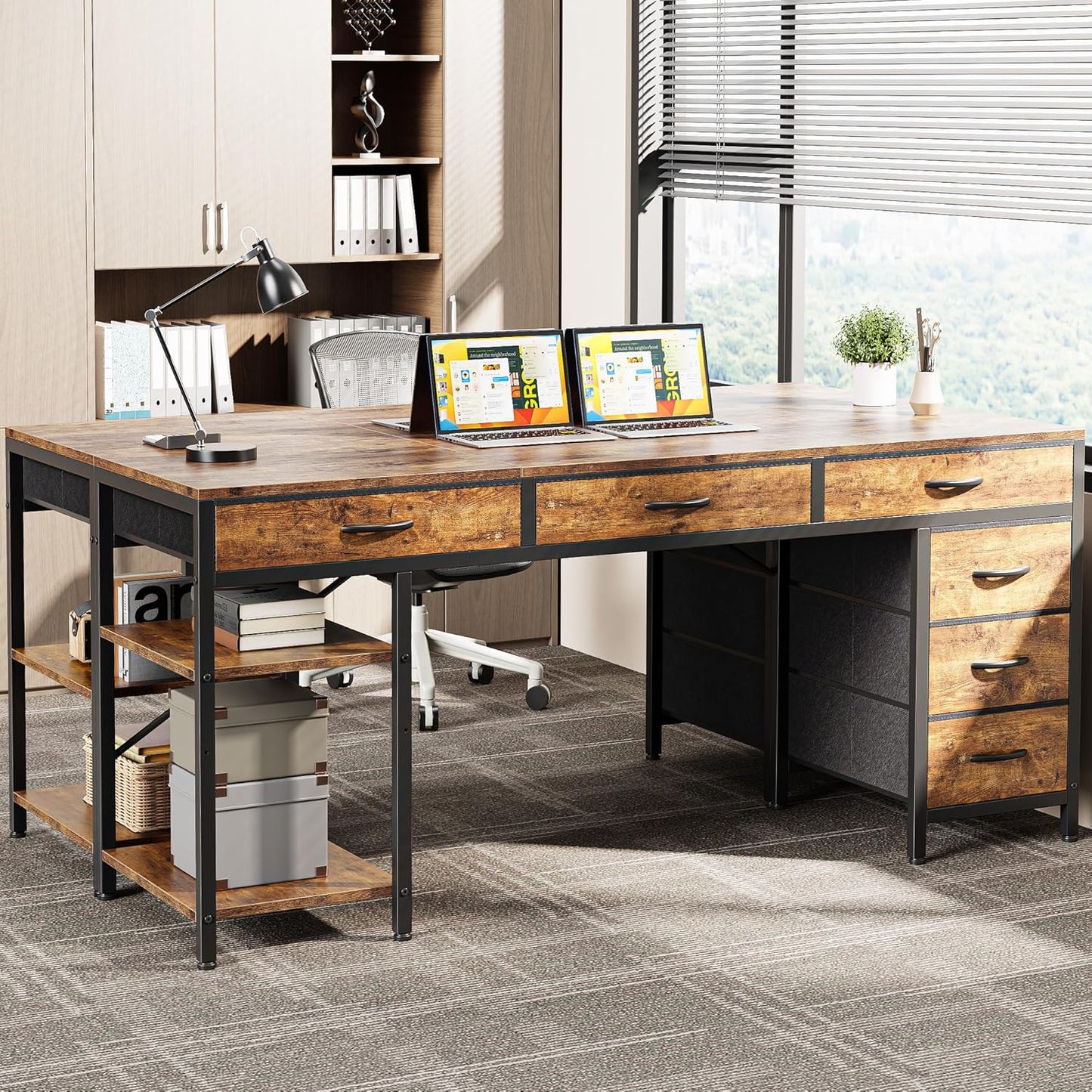 Huuger Computer Desk with 6 Drawers, 63 Inch Office Desk with Shelves, Reversible Gaming Desk, Corner Desk with Storage, for Home Office, Study, Living Room, Rustic Brown