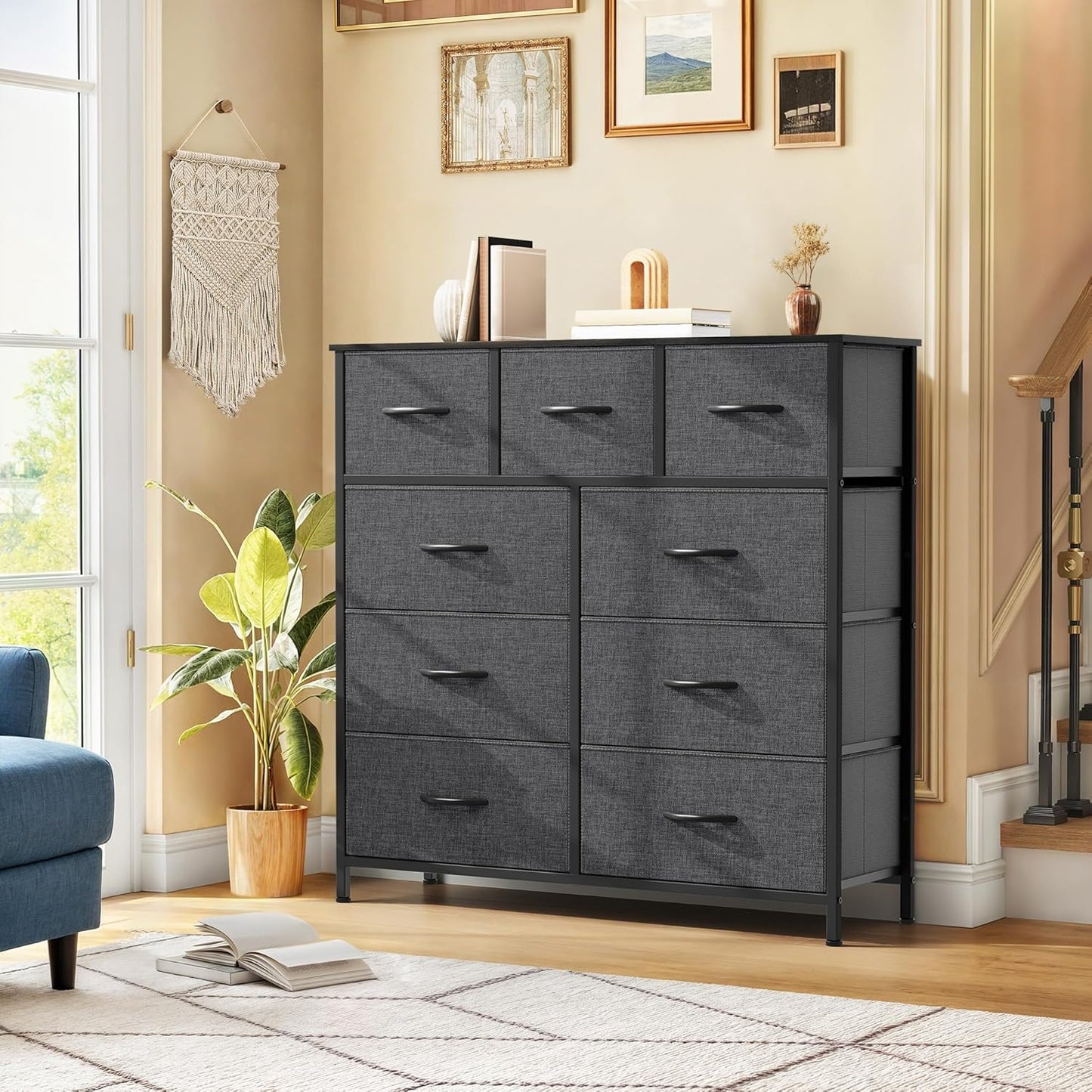 DWVO 9 Drawers Dresser for Bedroom, Fabric Storage Tower for Living Room, Entryway - Sturdy Steel Frame, Wooden Top & Easy Pull Fabric Bins