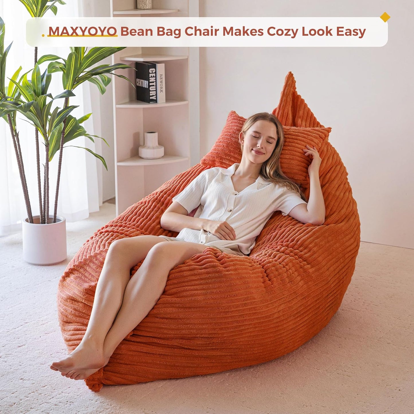 MAXYOYO Giant Bean Bag Chair with Pillow, 3 in 1 Convertible Bean Bag Chair for Adults with Washable Cover, Removable Floor Cushion Stuffed Floor Lounger for Living Room Bedroom, Orange, Full