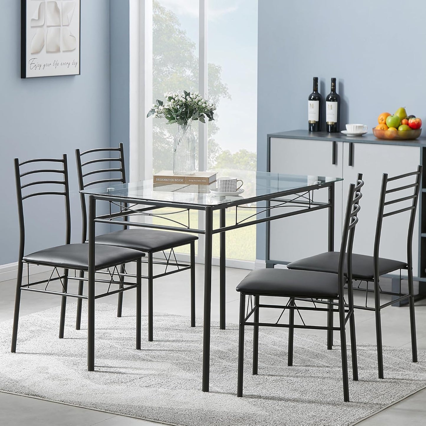 VECELO 5-Piece Kitchen Dining Table Set, Glasses Tabletop & Heavy-Duty Metel Frame, Rectangle Dinette with 4 Chairs for Small Space, Breakfast Nook, Glasses & Black