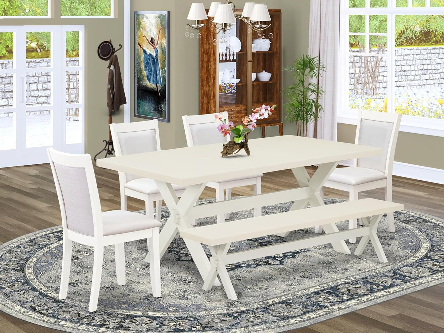 East West Furniture X027MZ001-6 6 Piece Kitchen Table Set Contains a Rectangle Dining Table with X-Legs and 4 Cream Linen Fabric Upholstered Chairs with a Bench, 40x72 Inch, Multi-Color