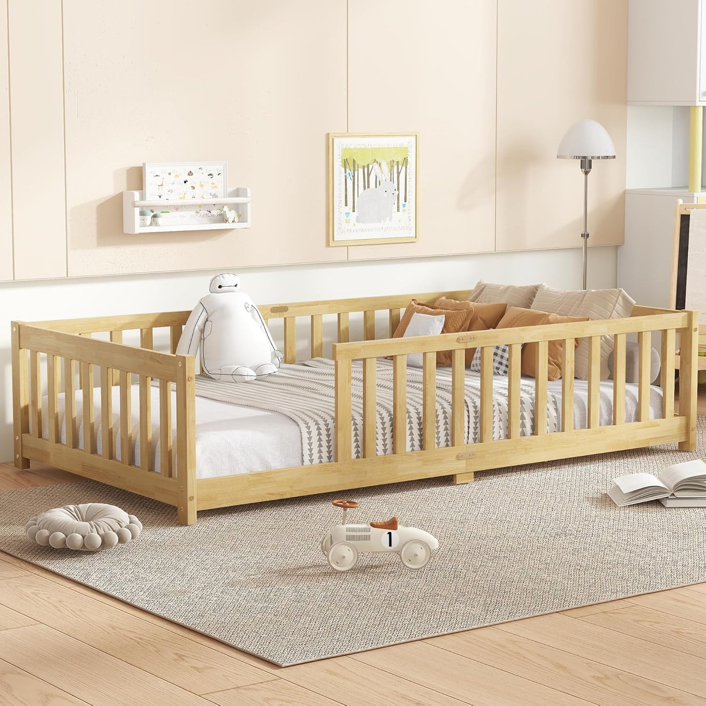 Bellemave Twin Floor Bed with Slats and Safety Guardrails, Kids Montessori Floor Beds with Fence and Without Door, Easy Assemble Floor Bed for Kids, Girls, Boys, Natural