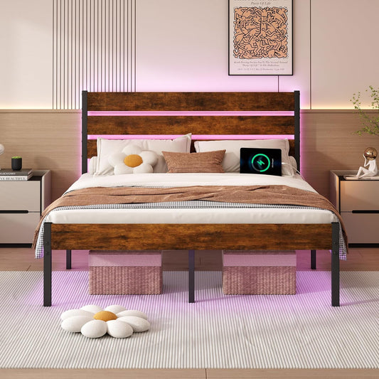 Full Size Bed Frame with Headboard,Heavy Duty LED Bed Frame with USB Charging Station,Mattress Foundation-Under Bed Storage, No Box Spring Needed, Noise Free,Brown