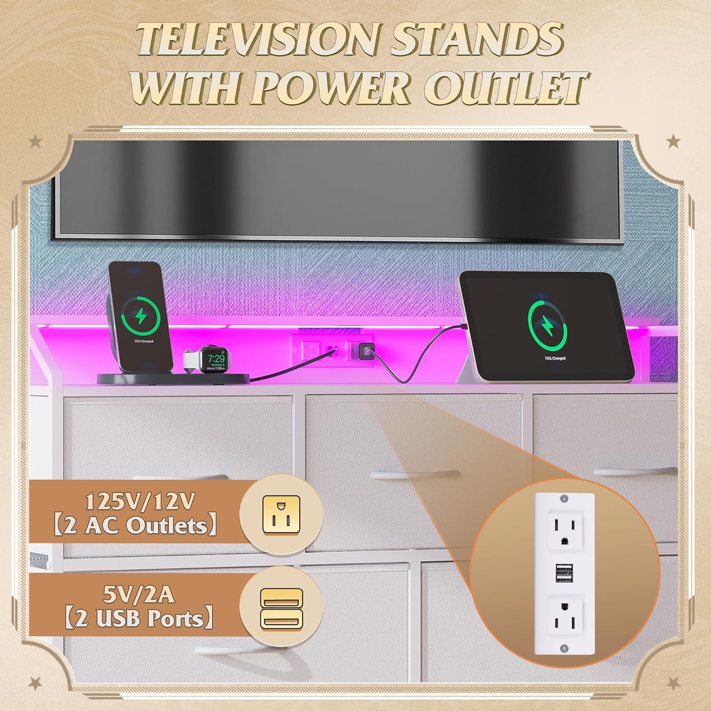 WLIVE Led Dresser for Bedroom, White Dresser TV Stand for Bedroom with LED Lights and Power Outlet, Wide Chest of Drawers for Hallway, 8 Fabric Drawers for Living Room and Entryway, Easy to Assemble