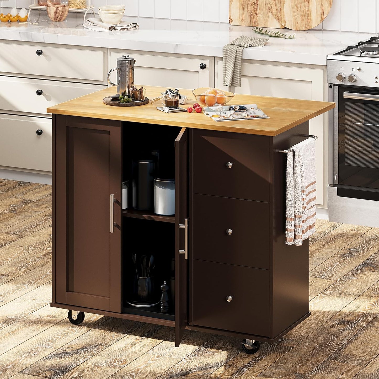 Shintenchi Rolling Kitchen Island Cart with Folding Drop Leaf Breakfast Bar, Portable Trolley Island with Large Storage Cabinet, Shelf and Drawer, Brown