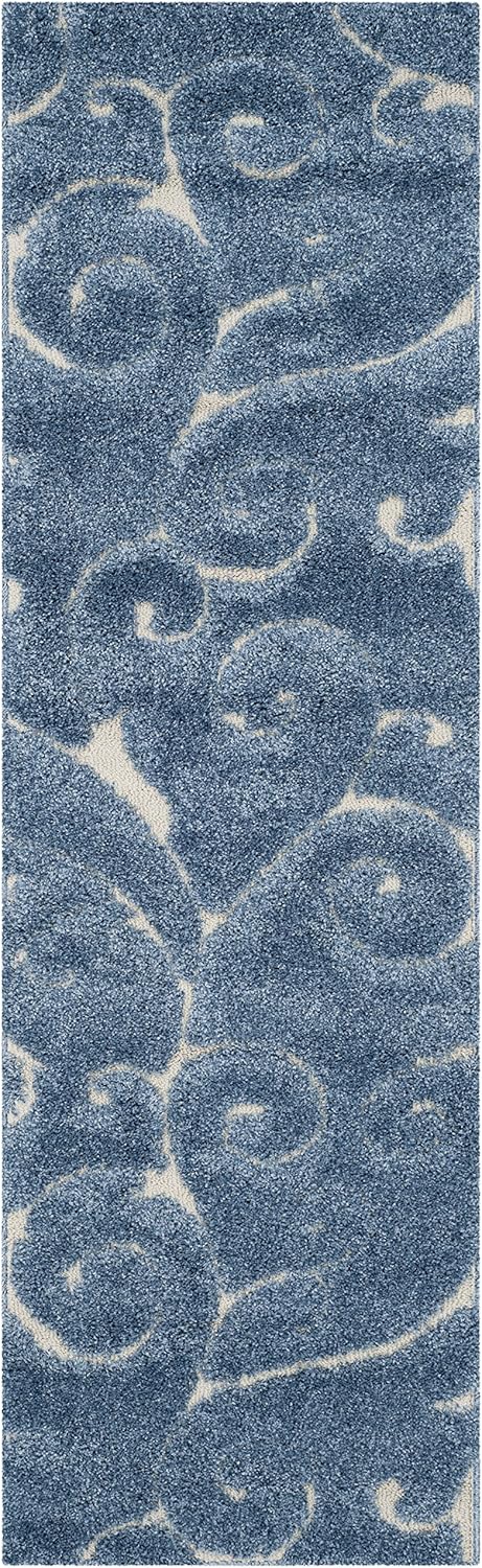 SAFAVIEH Florida Shag Collection Runner Rug - 2'3" x 13', Light Blue & Cream, Scroll Design, Non-Shedding & Easy Care, 1.2-inch Thick Ideal for High Traffic Areas in Living Room, Bedroom (SG455-6011)