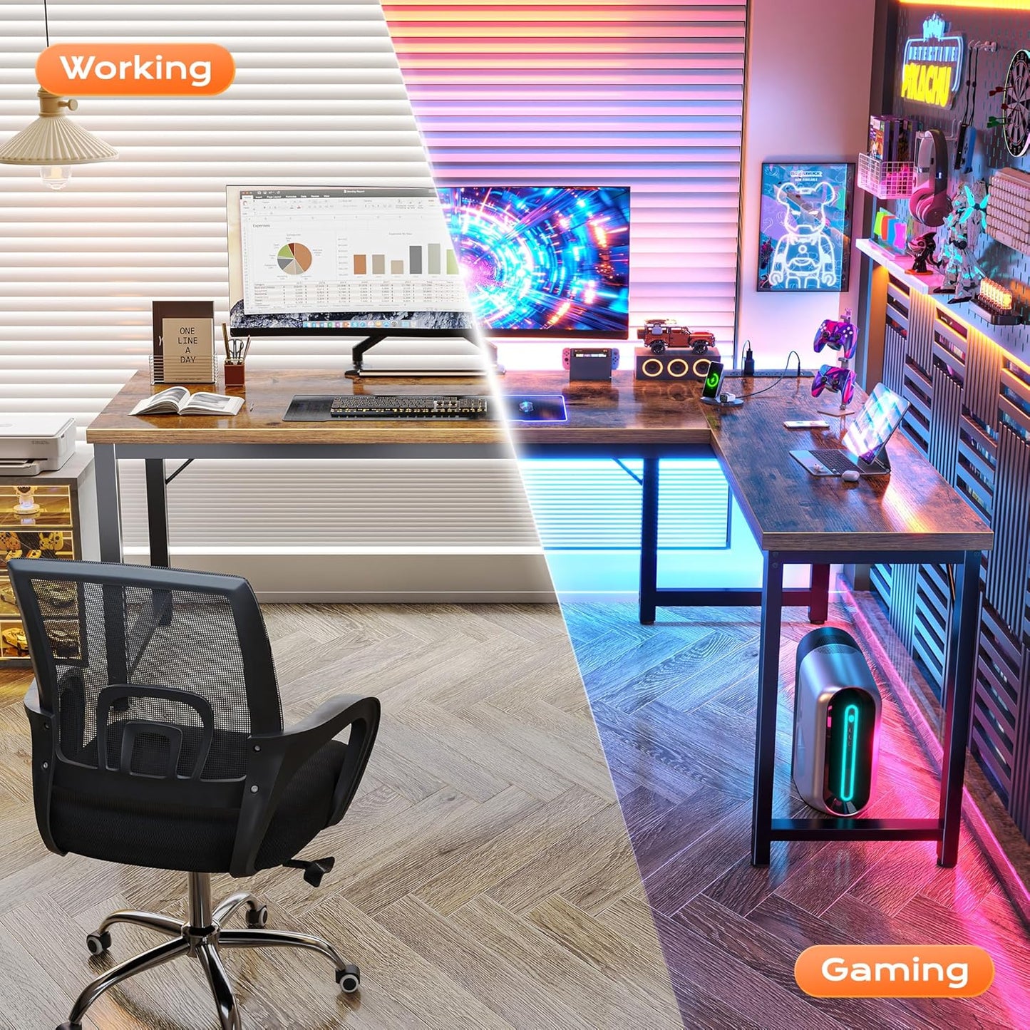 Huuger 63 Inch L Shaped Desk with Power Outlets and USB-C Port, 0.95 Inch Thicker Desktop, Reversible Computer Desk, Larger Office Corner Gaming Desk, Metal Frame, for Home Office, Study, Rustic Brown