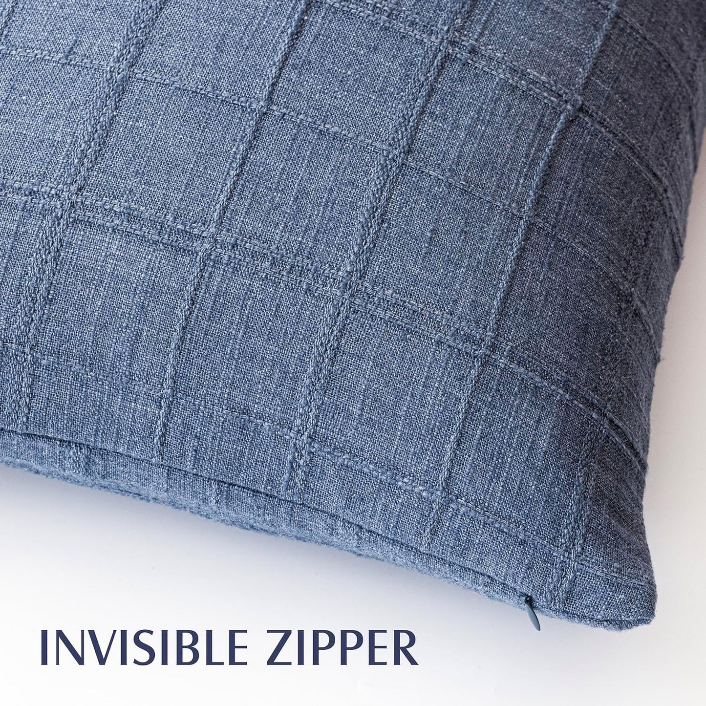 Foindtower Set of 2 Decorative Linen Check Throw Pillow Covers Neutral Farmhouse Vintage Cushion Covers Modern Coastal Boho Home Decor for Sofa Chair Couch Bedroom Living Room Outdoor,26×26 Inch,Blue