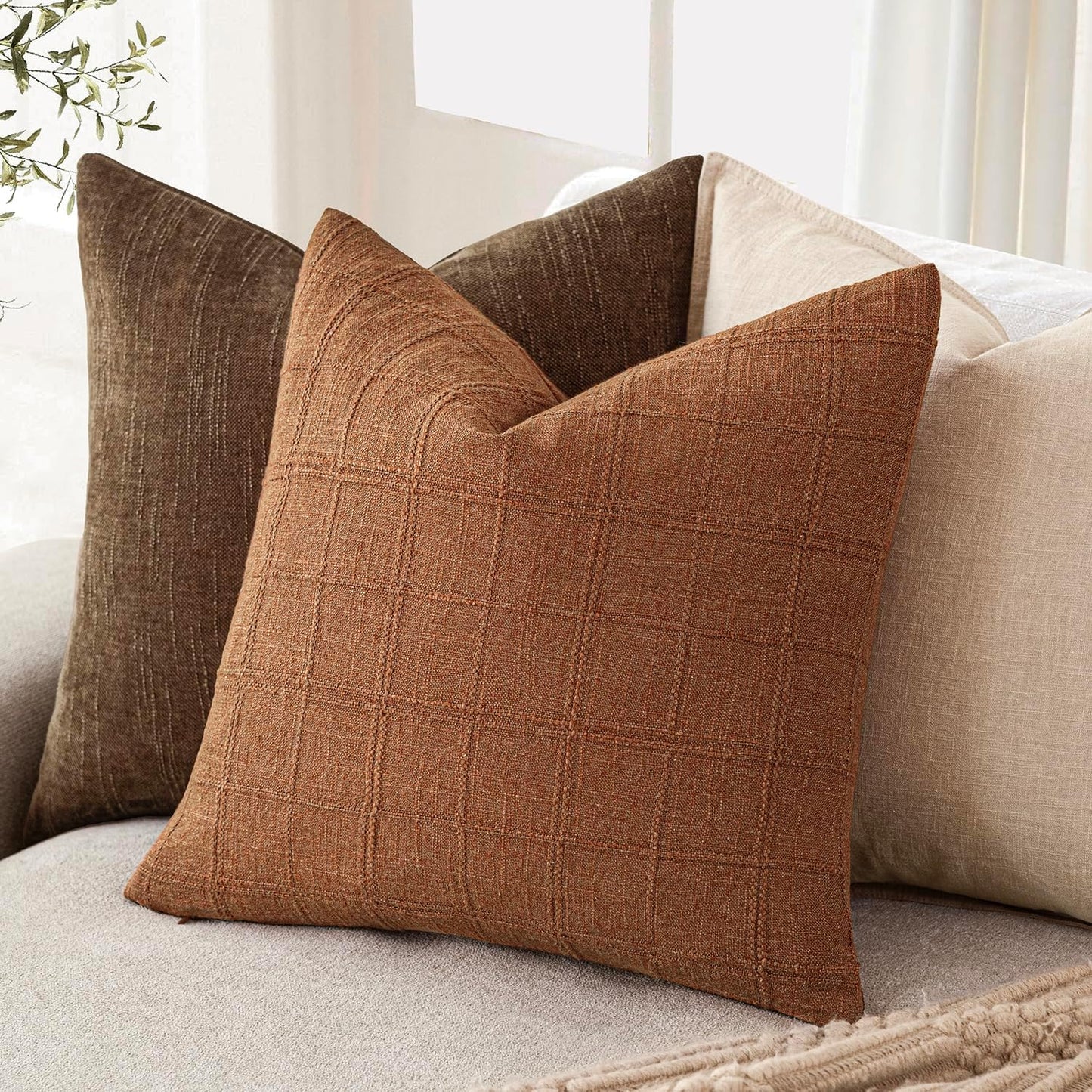 Foindtower Set of 2 Decorative Linen Check Throw Pillow Covers Neutral Farmhouse Vintage Cushion Covers Modern Boho Home Decor for Sofa Chair Couch Bedroom Living Room Outdoor,20×20 Inch,Orange