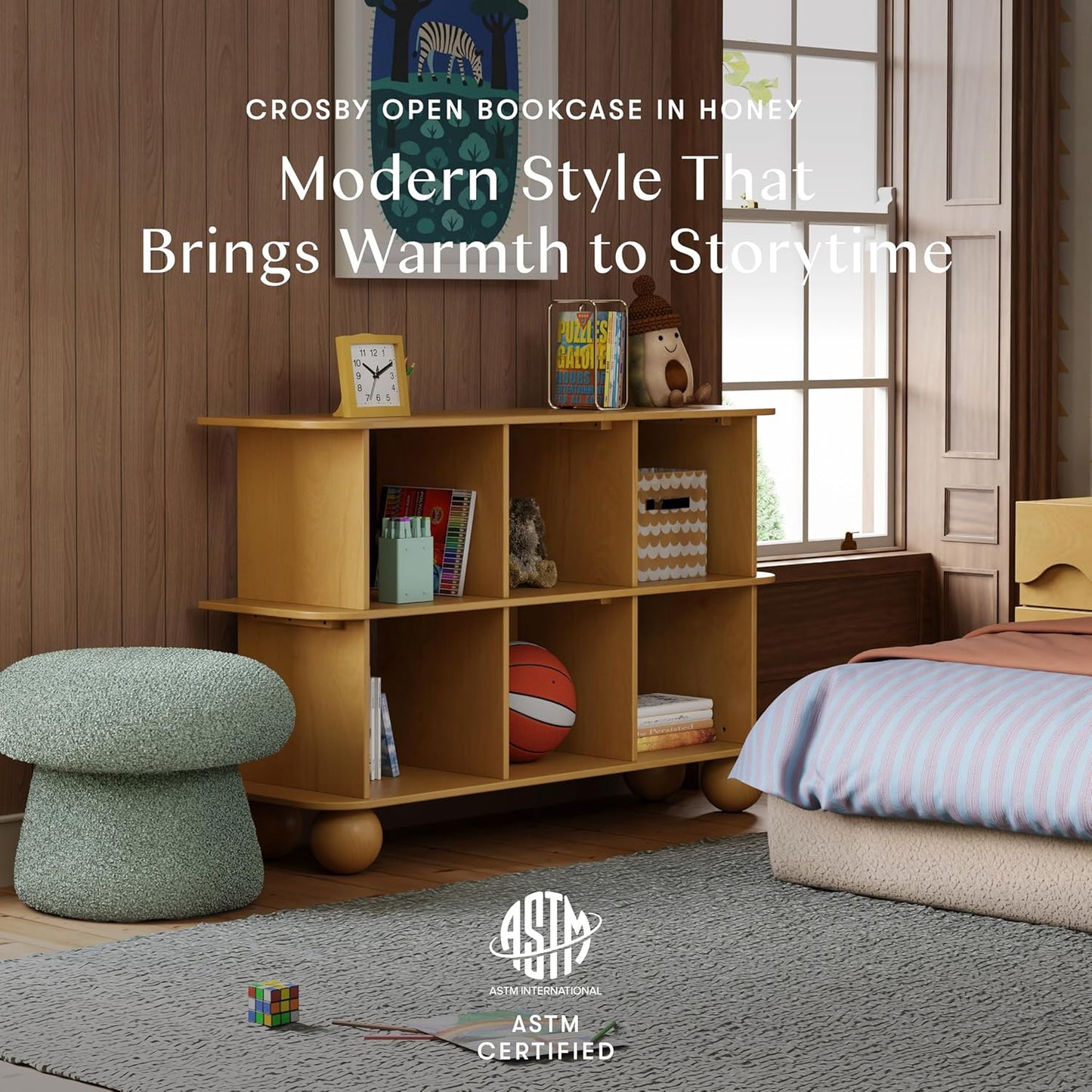 Babyletto Crosby Assembled Open Bookcase Kids Book Case w/Wide 6-Cube Montessori Wooden Book Shelves for Bedroom/Playroom/Living Room/Office - Modern Wood Bookshelf - Honey