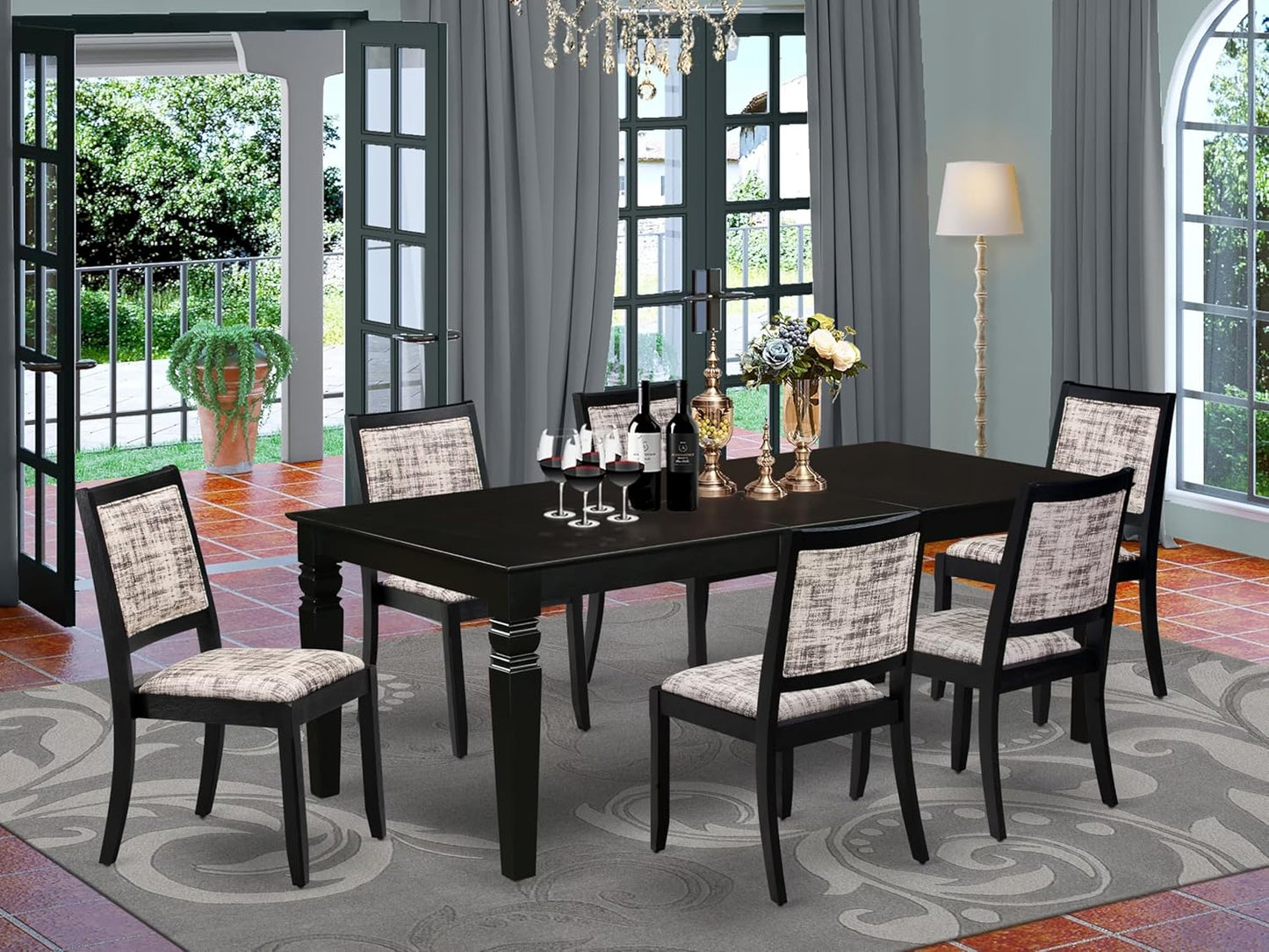 East West Furniture LGX27-BLK-30 -7 Piece Dining Set Includes a Rectangular Kitchen Table with Black Tabletop and 6 Stackable Polyester Fabric Chairs, Black