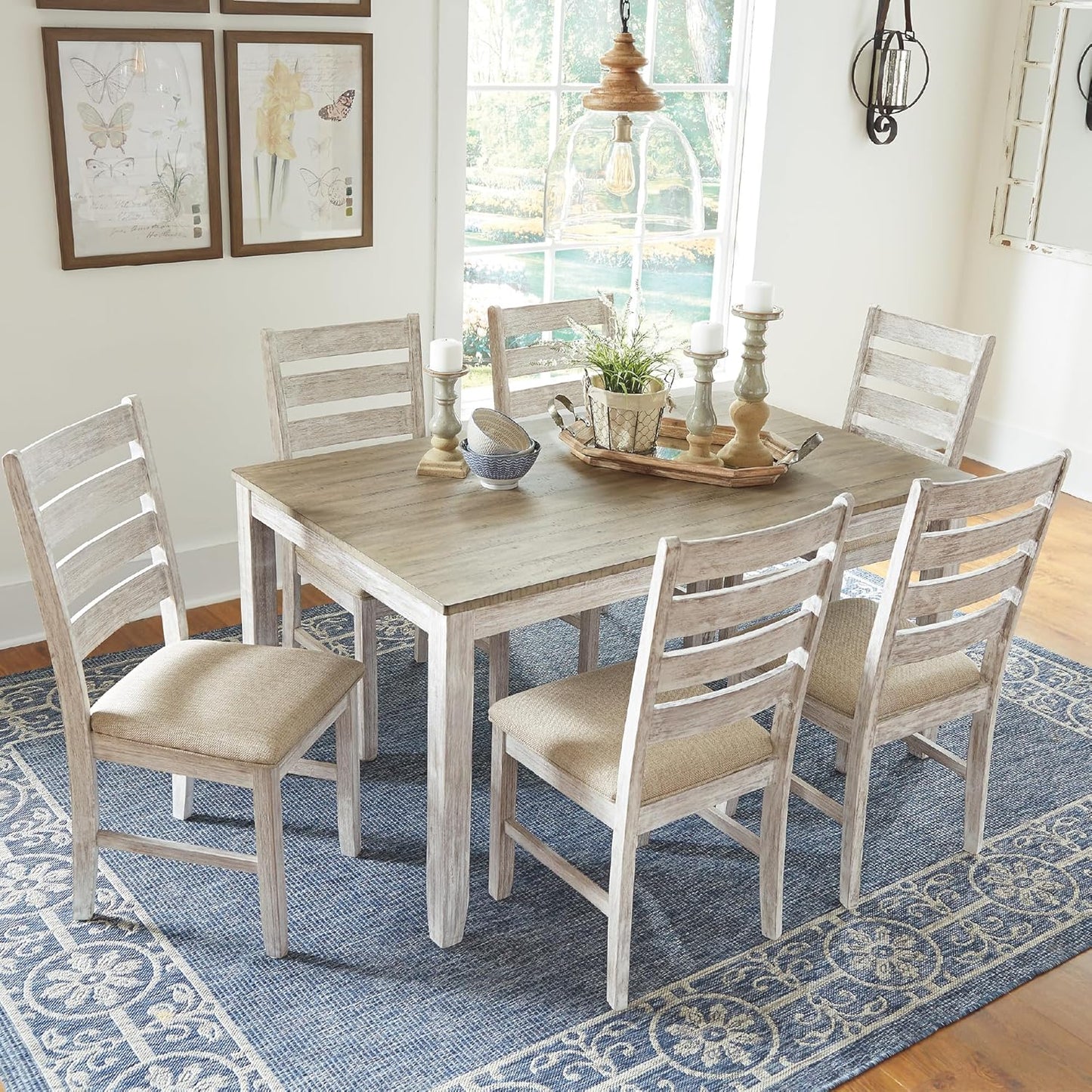 Signature Design by Ashley Skempton Cottage Dining Room Table Set with 6 Upholstered Chairs, Whitewash