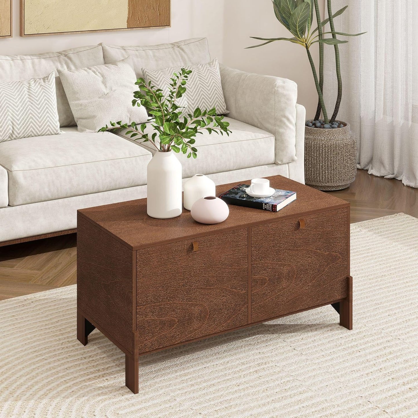 Sebastack Coffee Table, Expandable Entertainment Center and Media Console with Storage and Drawer,Wooden Furniture for Living Room, Bedroom，31 inch Width Walnut Color