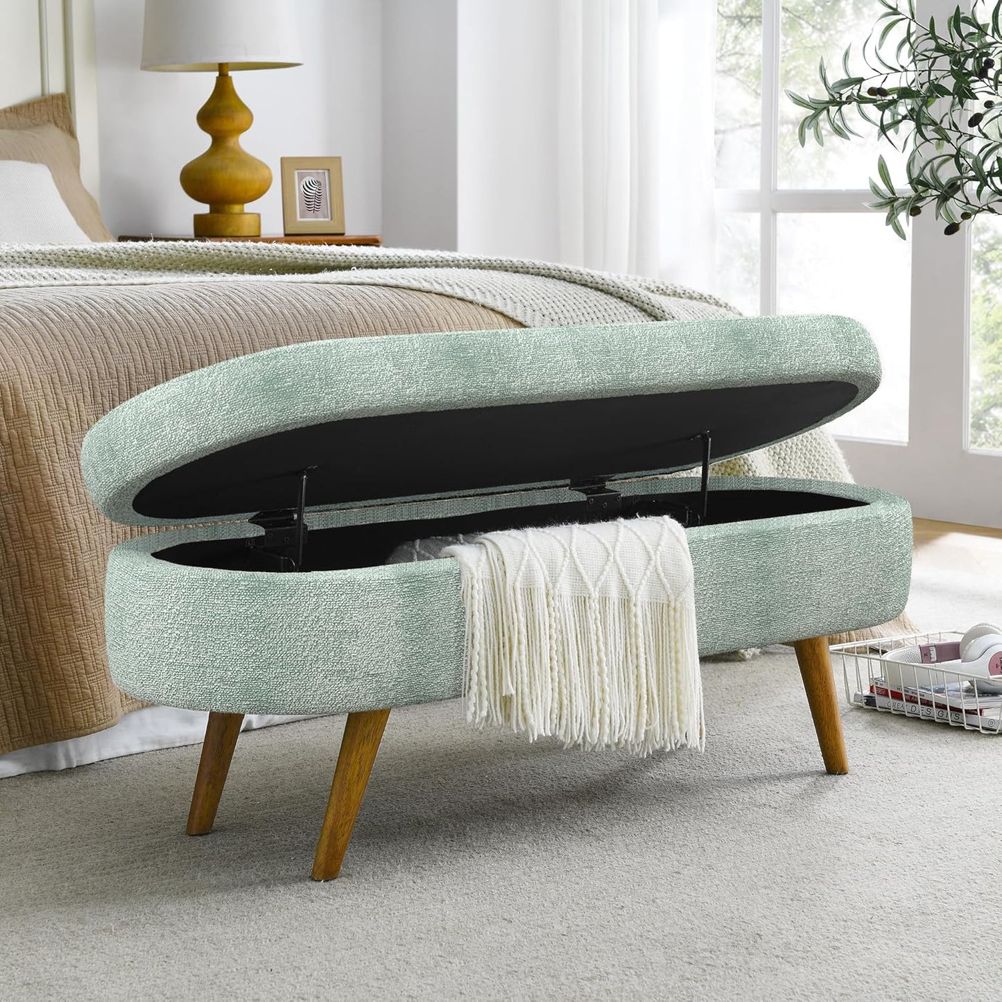 Oval Storage Bench 43.5" Linen Fabric Upholstered Entryway Bench with Solid Wood Legs Ottoman Bench Indoor Bench for Living Room/Bedroom/End of Bed/Entryway (Cyan)