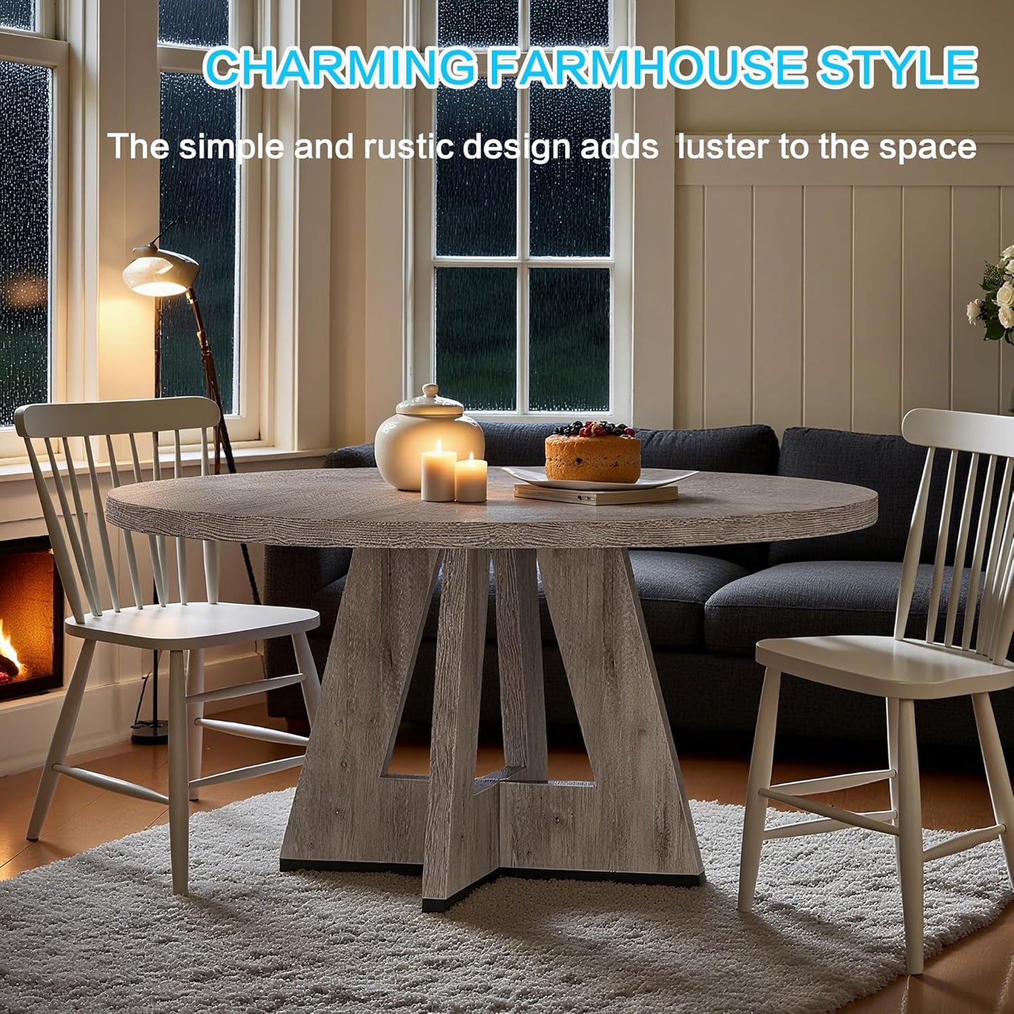 47" Round Dining Table for 4-6, Modern Dinner Table Farmhouse Round Small Kitchen Tables with Wooden Cross Base for Dining Room, Kitchen, Living Room, Gray