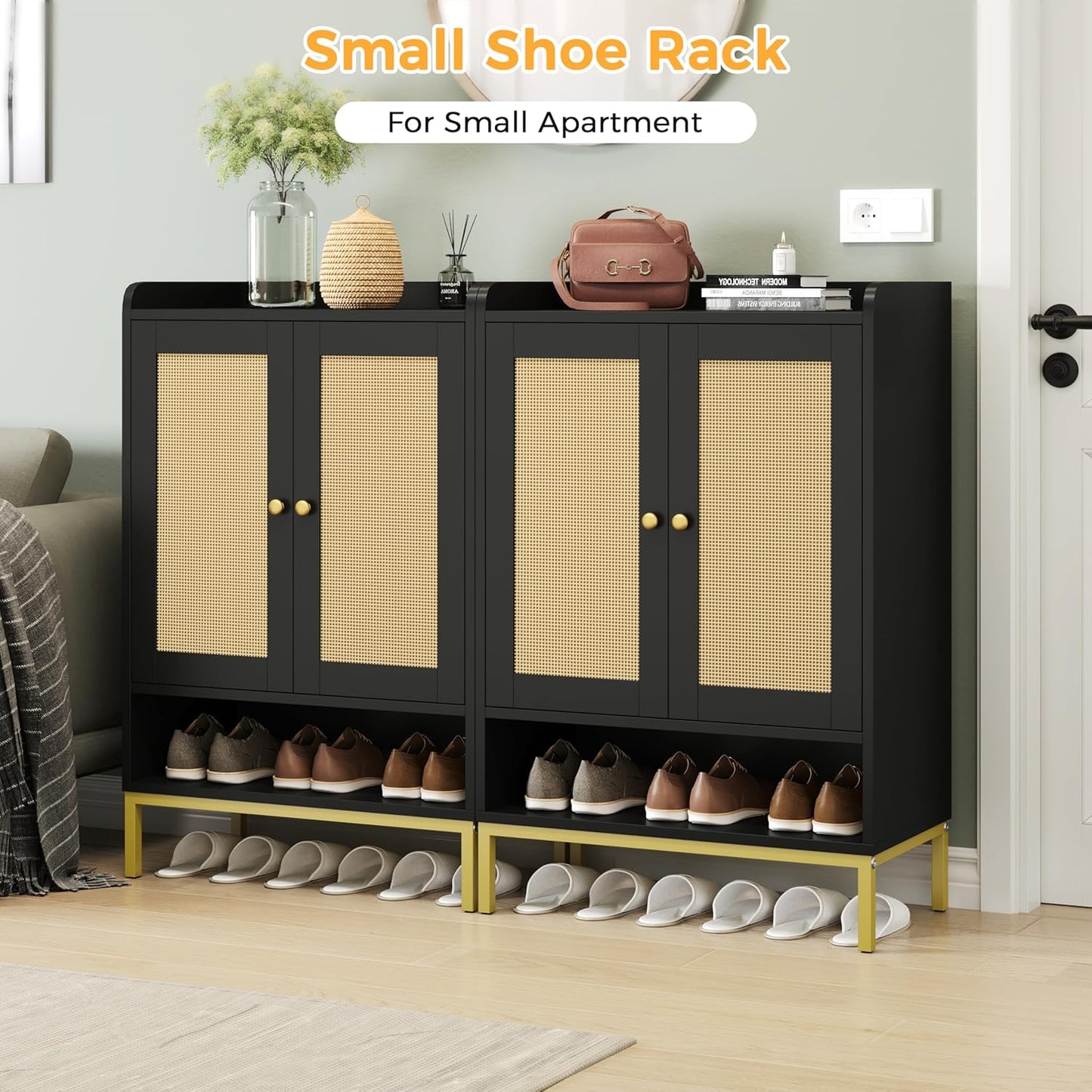 Rattan Shoe Cabinet Storage for Entryway, Shoe Cabinet with Adjustable Shelves for Entryway, 5-Tier, 20 Pair Shoe Rack Storage for Hallway, Closet, Living Room, Black