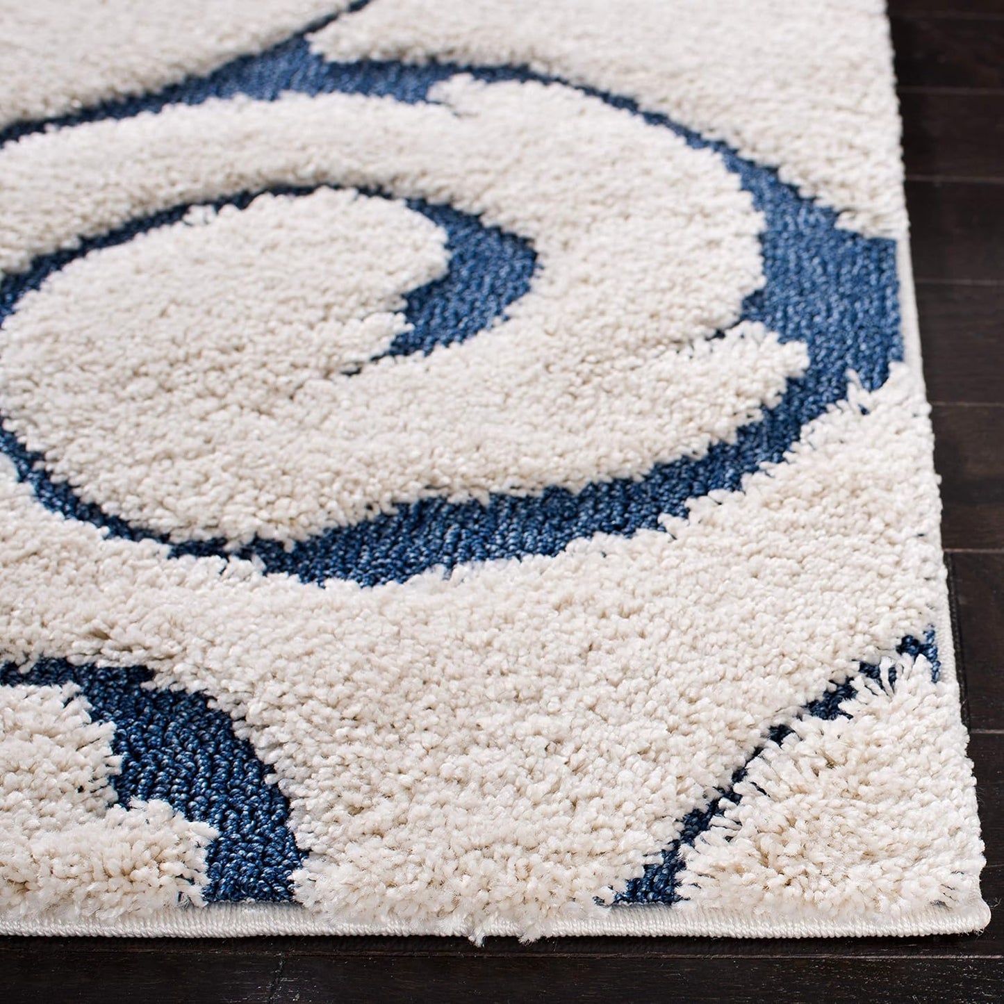 SAFAVIEH Florida Shag Collection Runner Rug - 2'3" x 9', Cream & Blue, Scroll Design, Non-Shedding & Easy Care, 1.2-inch Thick Ideal for High Traffic Areas in Living Room, Bedroom (SG455-1165)