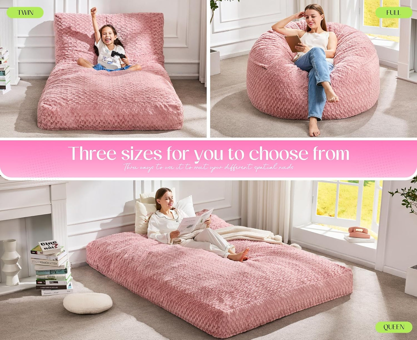 Hobestluk Bean Bag Chair Convertible Beanbag Chairs for Adults, 3 in 1 Bean Bags with Plush Chevron Cover, Adult Bean Bag Chair for Living Room, Bedroom (Pink, Queen)