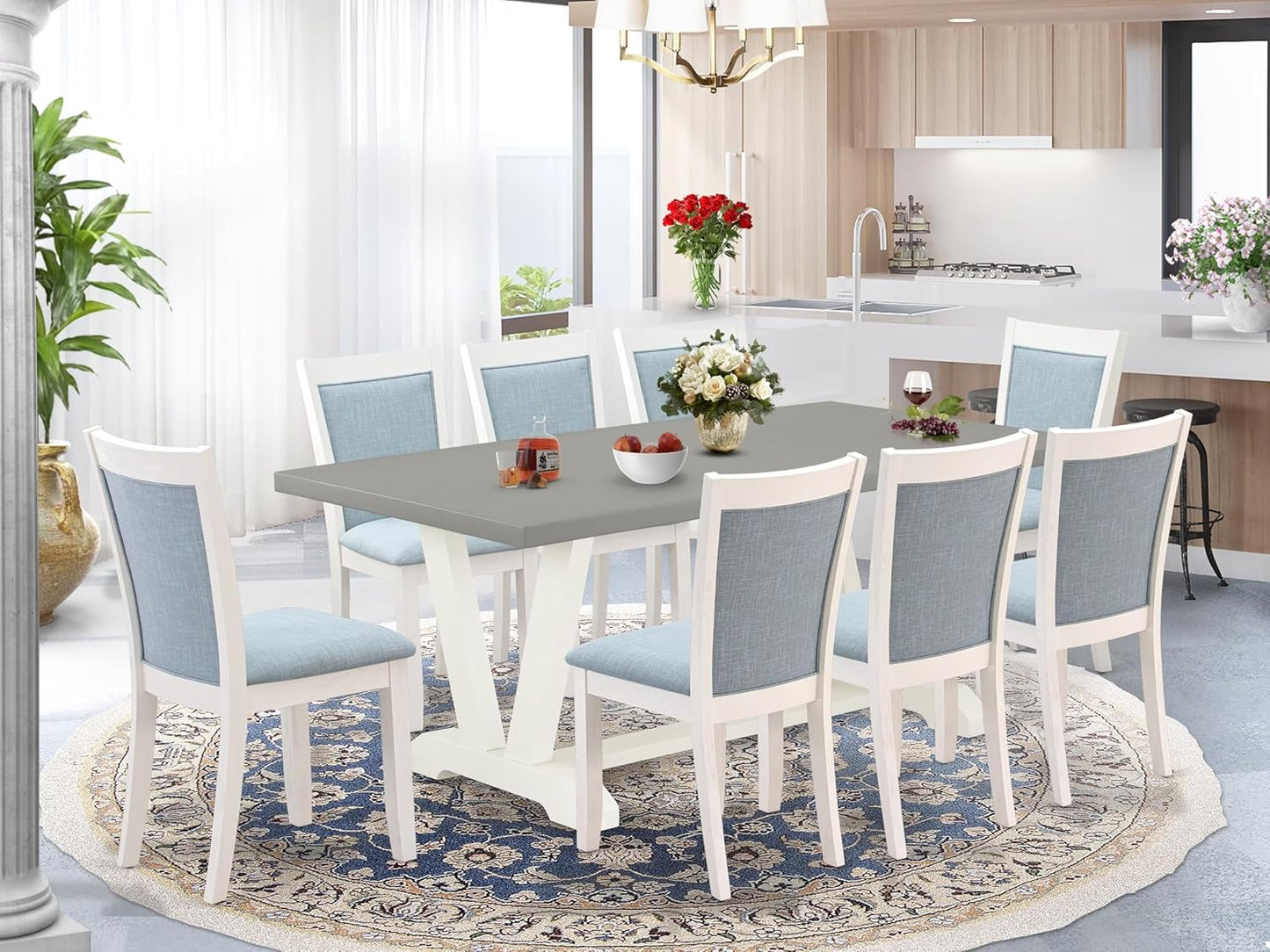 East West Furniture V097MZ015-9 9 Piece Modern Dining Table Set Includes a Rectangle Wooden Table with V-Legs and 8 Baby Blue Linen Fabric Parsons Dining Chairs, 40x72 Inch, Multi-Color