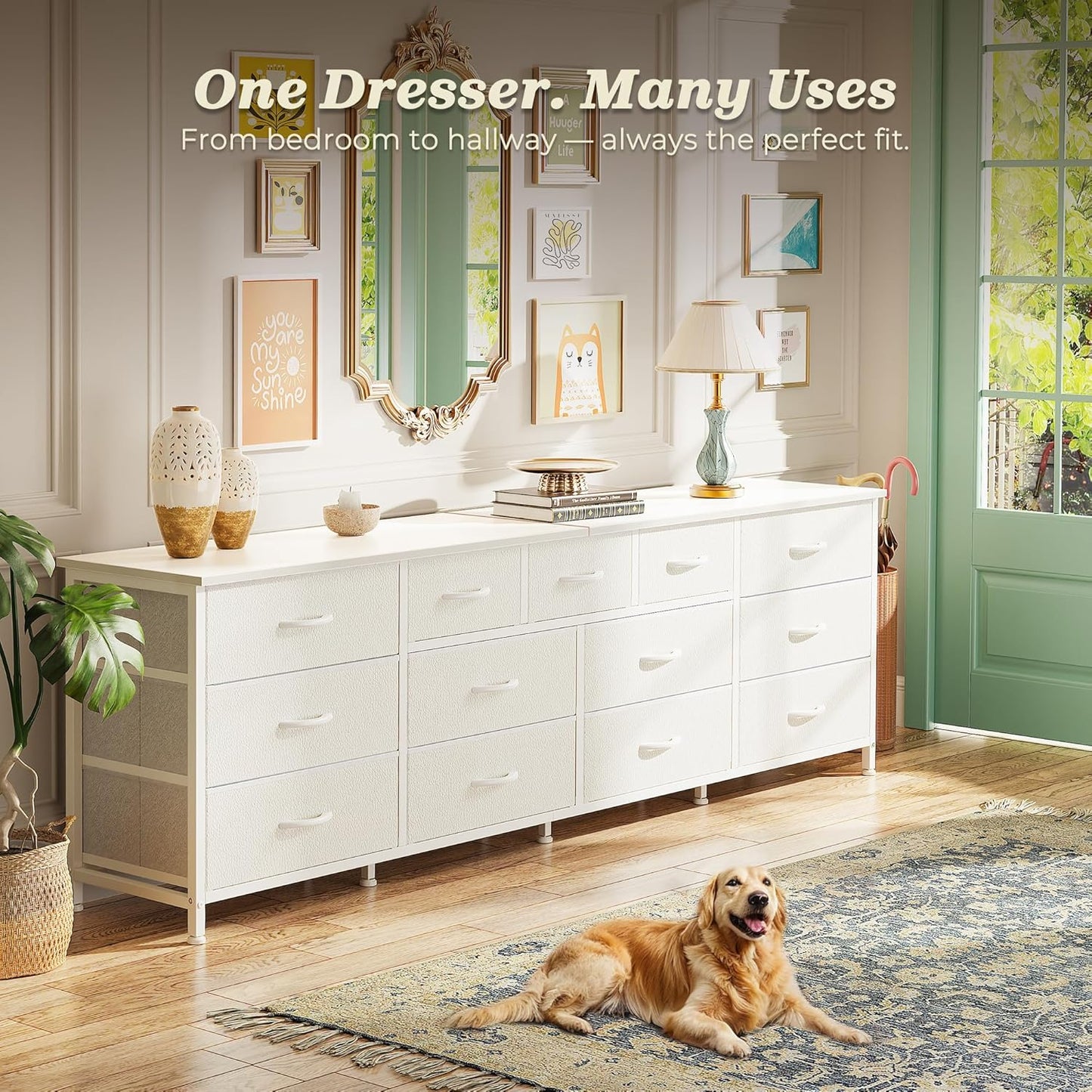 Huuger 70 Inch White Dresser for Bedroom, TV Stand for 65, 75, 80 Inch TV, 13 Fabric Drawer Long Dresser, Wide Chest of Drawer, Storage Units for Bedroom