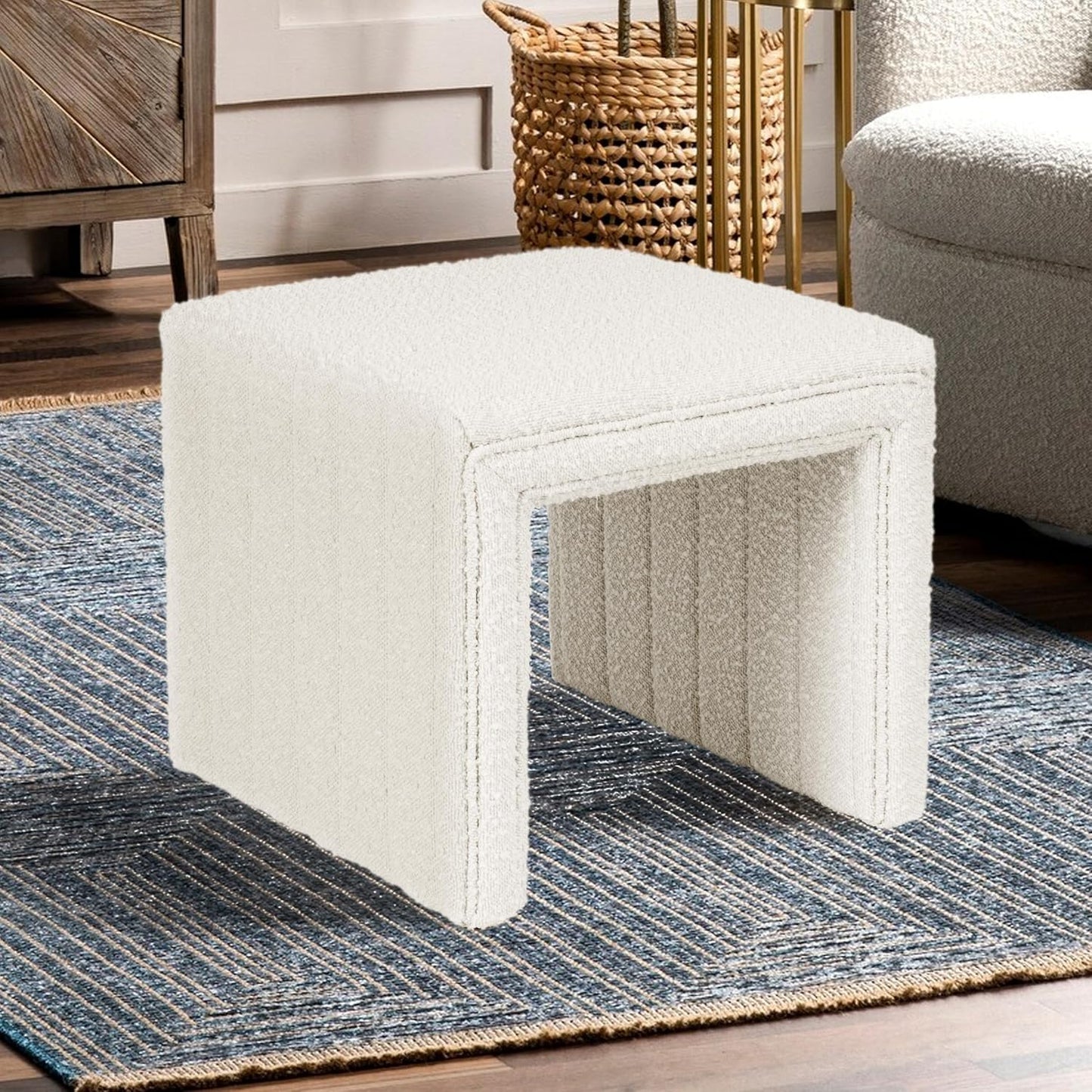 HomePop Modern Channel Tufted Ottoman Home Décor|Ottoman for Living Room & Bedroom - Cream Boucle