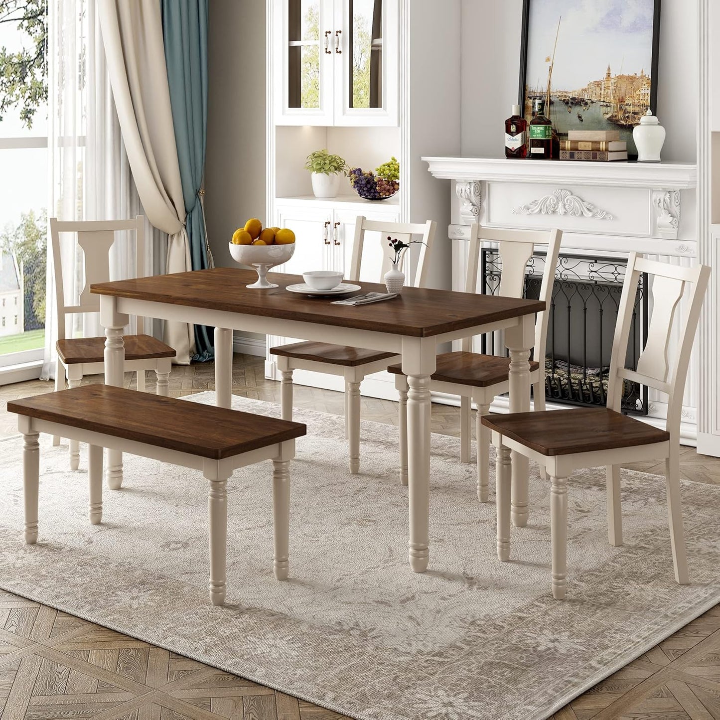 6 Pieces Dining Table Set with 60" Rectangle Kitchen Desk,Living Room Furniture W/ 4 Concave Arc Chairs & 1 Bench,for Restaurant,Home Bistro,Brown+Cottage White