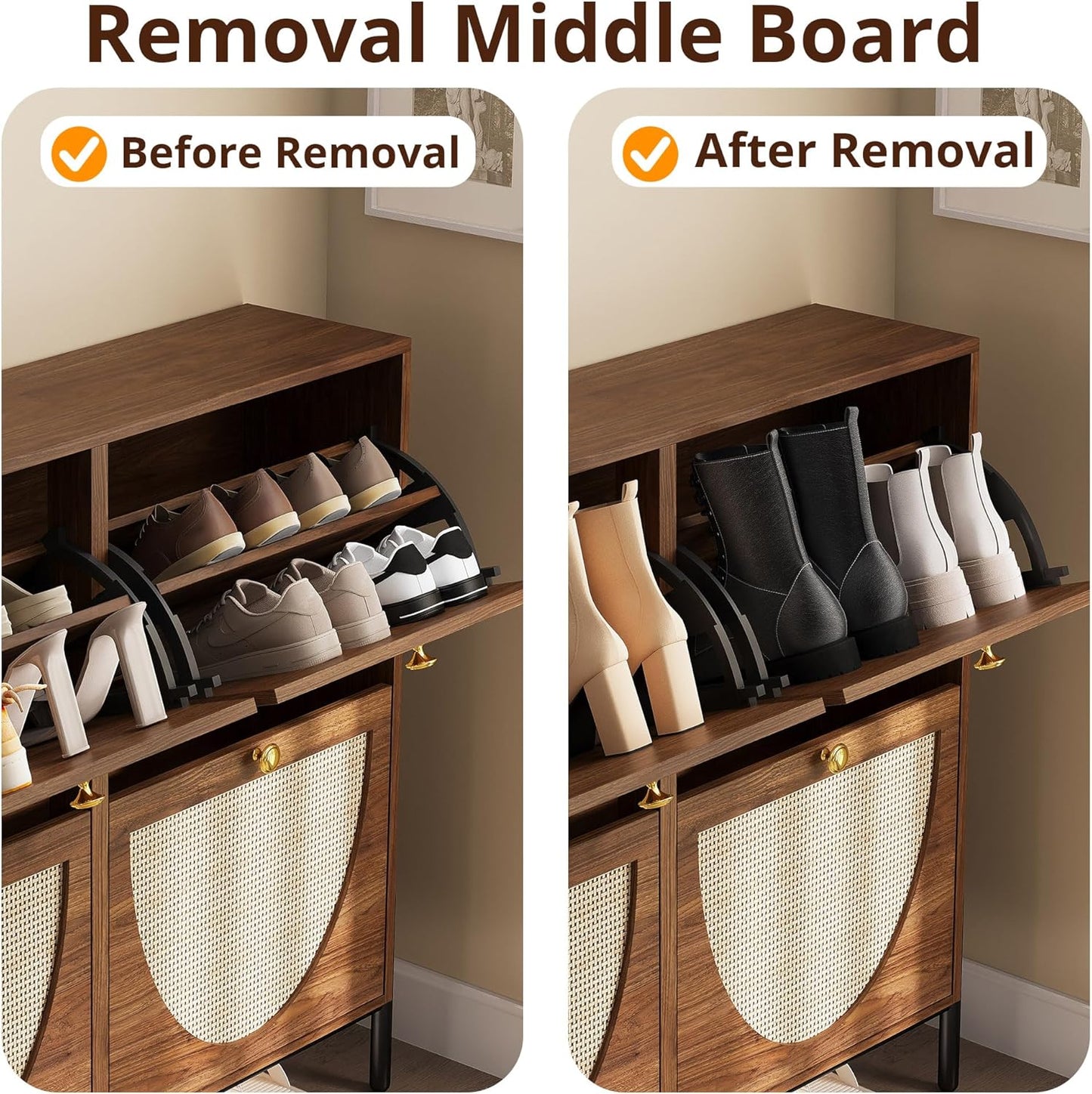 IRONCK Rattan Shoe Cabinet Storage with 4 Flip Drawers, Freestanding Shoe Storage Organizer Cabinet for Entryway, Narrow Shoe Rack Cabinet, Walnut