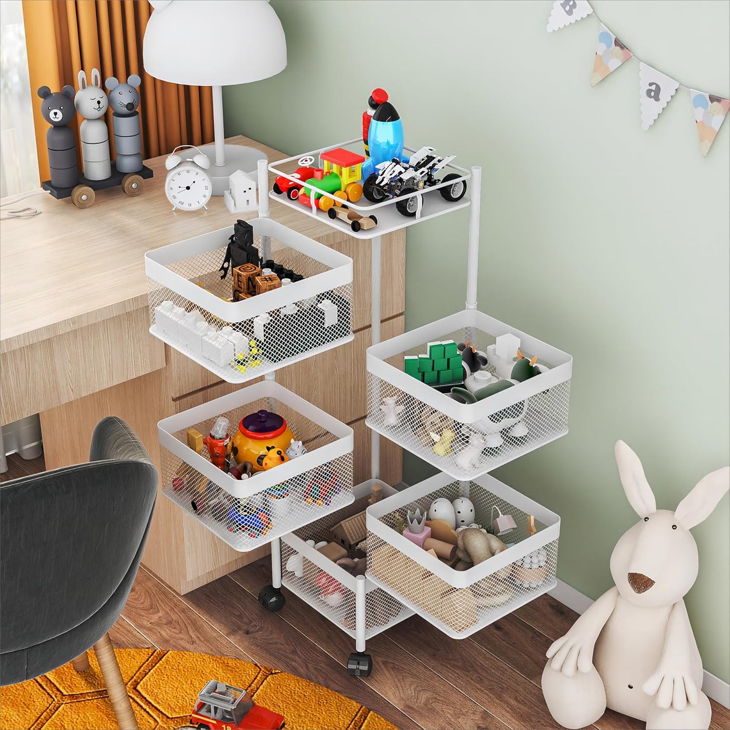 Fruit Basket for Kitchen No Assembly,Rotating Kitchen Storage Rack,Bathroom Shelf, Organizers and Storage Cart on Rolling Wheels，Potato and Onion Storage Organizer(White, 5 Tier-Square)