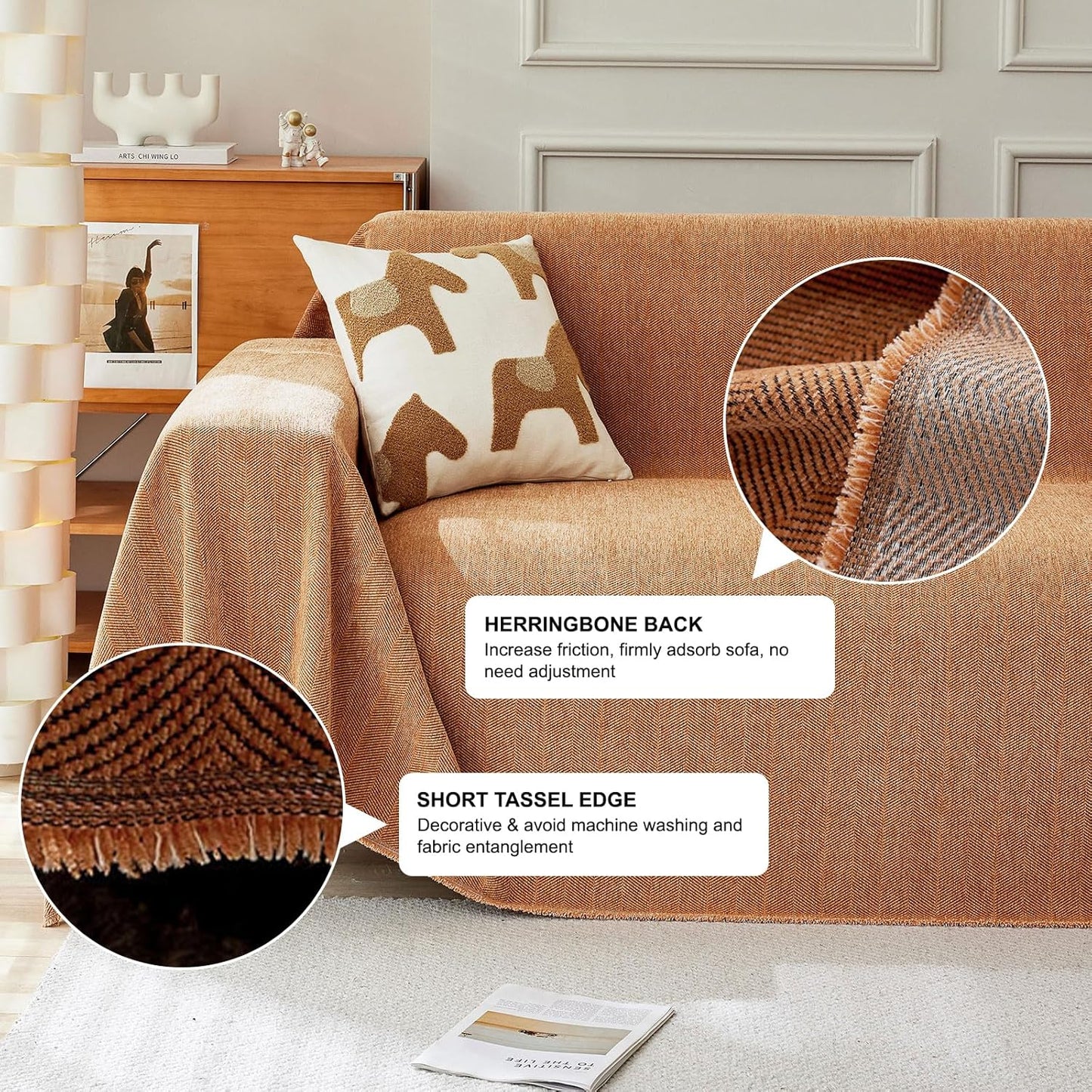 STACYPIK Thick Burnt Orange Sofa Cover, Breathable Chenille Couch Cover for Sectional, Pet Friendly Protector for 3 Cushion Couch, Pumpkin Loveseat Cover for L-Shaped, Washable Sofa Slipcover-71X150IN