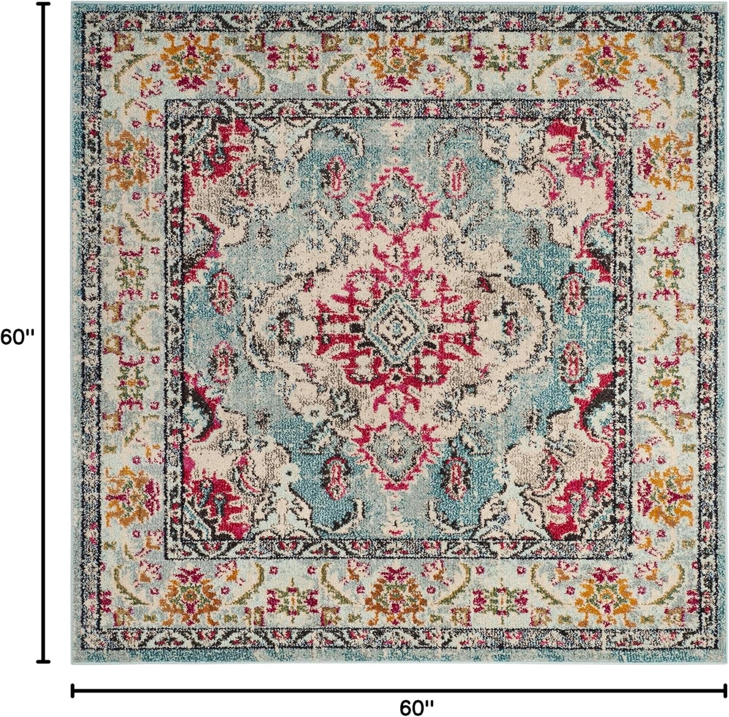 SAFAVIEH Monaco Collection Area Rug - 5' Square, Light Blue & Fuchsia, Boho Chic Medallion Distressed Design, Non-Shedding & Easy Care, Ideal for High Traffic Areas in Living Room, Bedroom (MNC243J)
