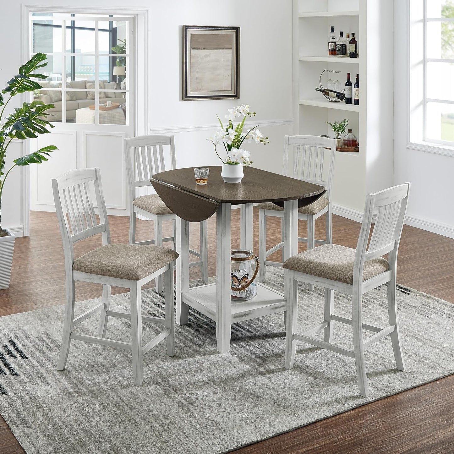 Ball & Cast 5 Pieces Dining Table Set with 4 Chairs and 42" Round Drop Leaf Dining Table,Kitchen Table and Chairs for 4 W/Trestle Table Base,for Small Space,Apartment,Dining Room,Brown White