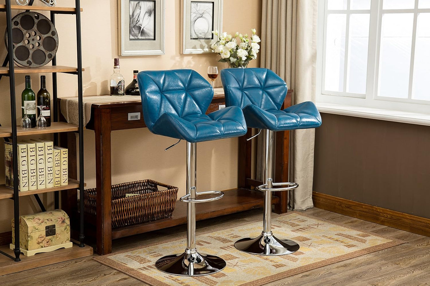 Roundhill Furniture Glasgow Contemporary Tufted Adjustable Height Hydraulic Blue Bar Stools, Set of 2,