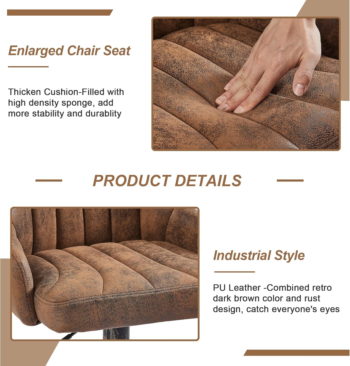 VECELO Bar Stools Set of 2, Adjustable Bar Stools Counter Height Barstools with Back and Arm, Swivel Bar Chair Stools for Kitchen Counter Island Cafe Dining Room, Industrial Style, Dark Brown