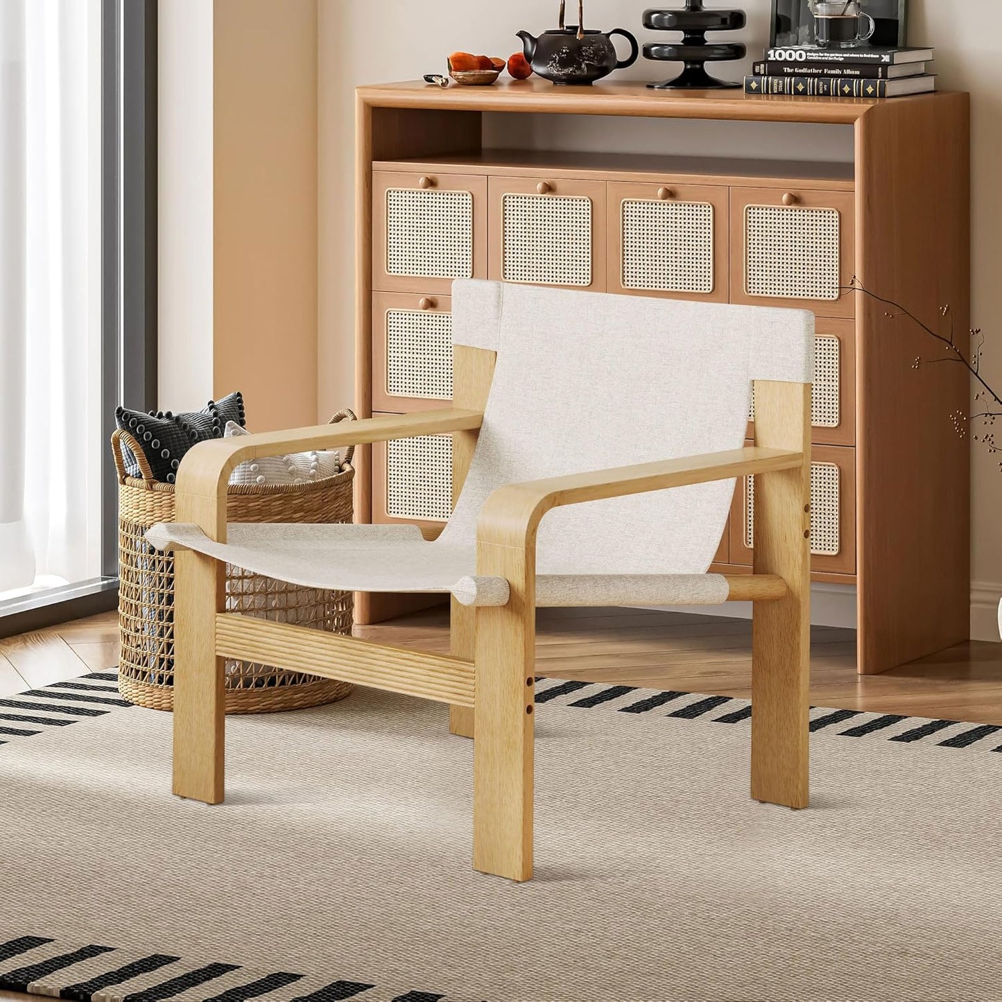 Ball & Cast Accent Chair Wide Armrest Mid-Century Lounge Living Room Chairs with Linen Fabric Armchair & Rubber Wood Frame,Detachable and Washable Seating Furniture for Bedroom,White