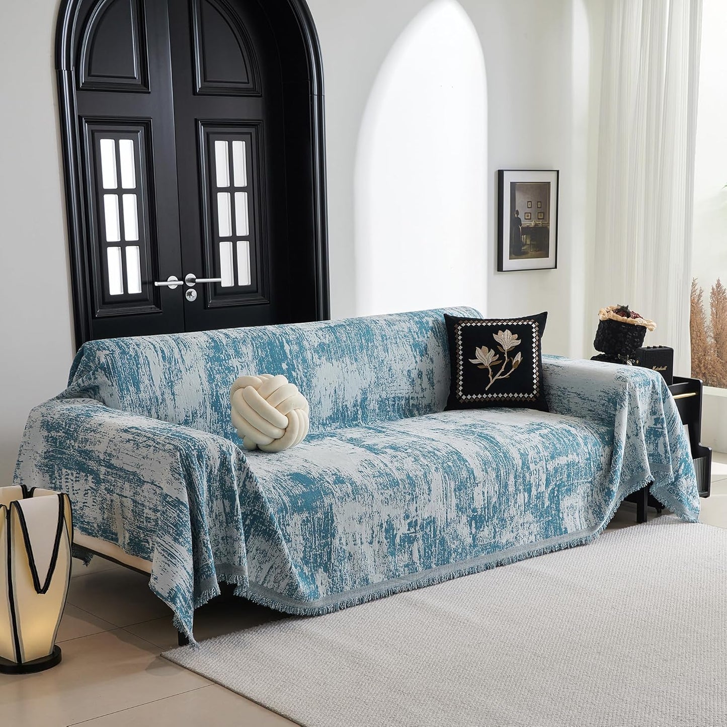 MYSKY HOME Couch Cover for Sectional Sofa Set Sage Geometric Furniture Sofa Cover Washable for Dog Cat Pets Couch Cover 3 Seat Sofa Chenille Couch Protector Multi-Use Couch Cover Blanket, 71" X134"