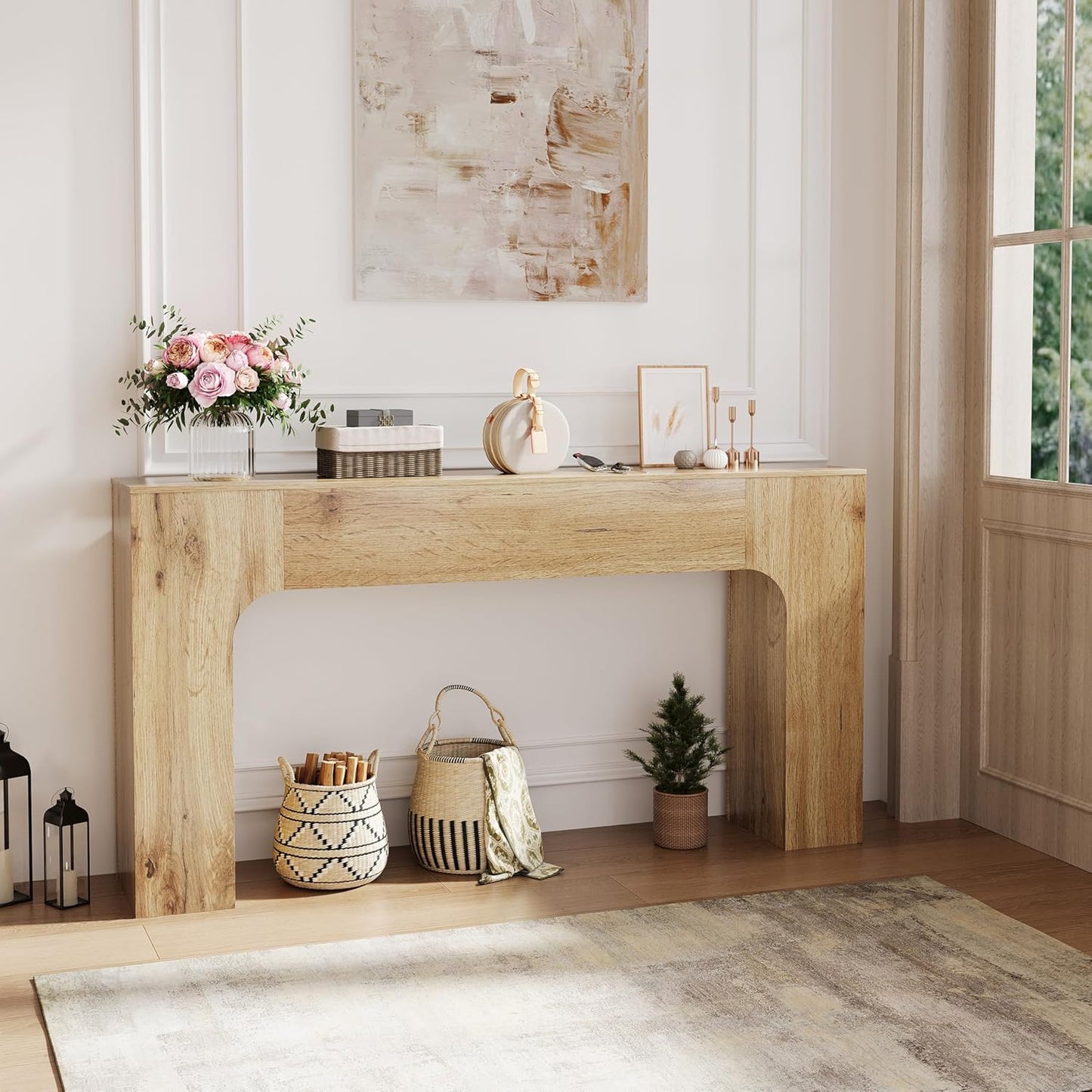 63 Inch Farmhouse Long Console Table, Wooden Sofa Table for Behind Couch, Entryway Furniture for Living Room or Hallway, Foyer Accent in Cracked Oak