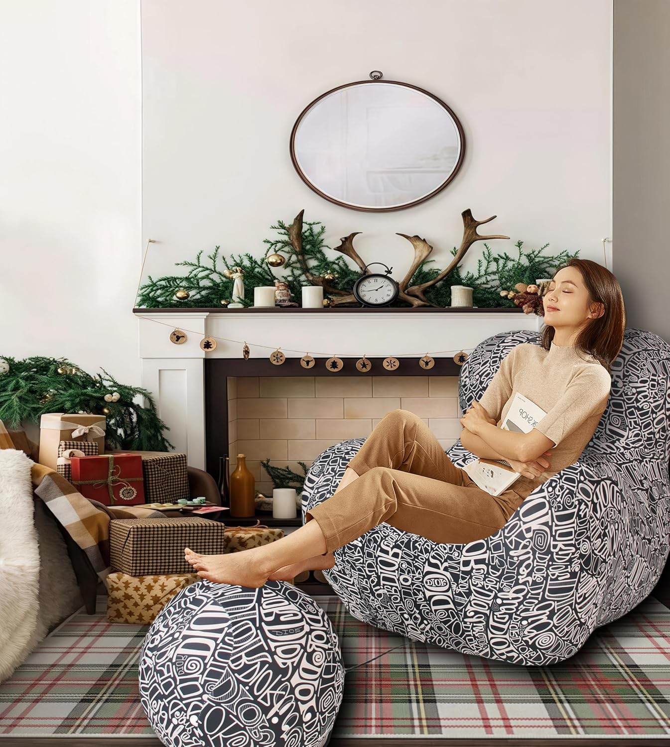 Bean Bag Chair - Memory Foam Bean Bag Chair for Adults, Comfy High-Resilience Single Sofa, Small Space Floor Chair, Chaise Lounge for Living Room, Bedroom (Black White, Ball)