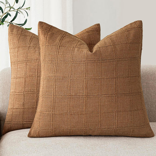 Foindtower Set of 2 Decorative Linen Check Throw Pillow Covers Neutral Farmhouse Vintage Cushion Covers Modern Boho Home Decor for Sofa Chair Couch Bedroom Living Room Outdoor,22×22 Inch,Brick