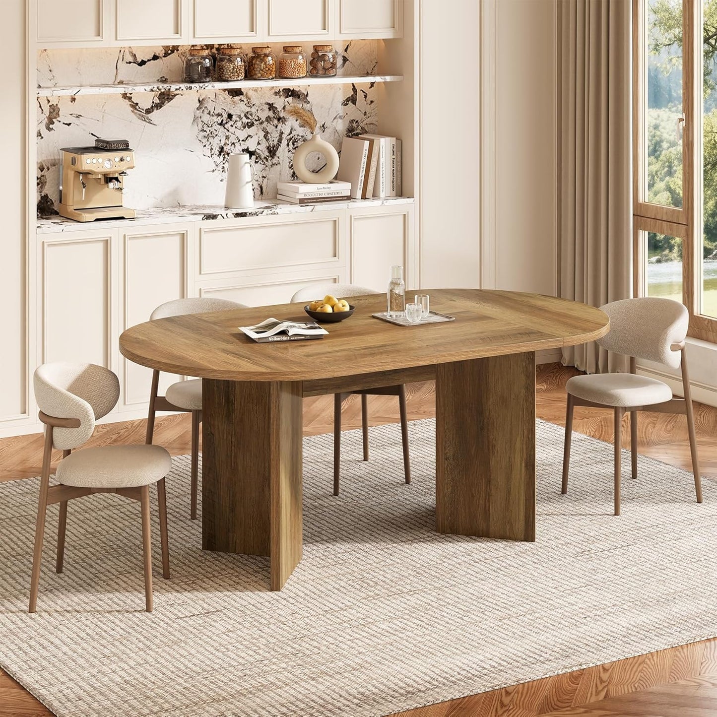 LITTLE TREE 63" Rustic Oval Dining Table for 4-6, Sturdy MDF Farmhouse Kitchen Table with Metal Strip Base, for Living Room, Office, Restaurant, Multi-Use, Umber