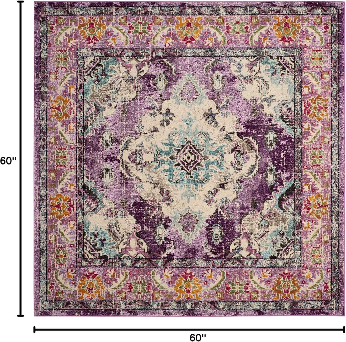 SAFAVIEH Monaco Collection Area Rug - 5' Square, Violet & Light Blue, Boho Chic Medallion Distressed Design, Non-Shedding & Easy Care, Ideal for High Traffic Areas in Living Room, Bedroom (MNC243L)