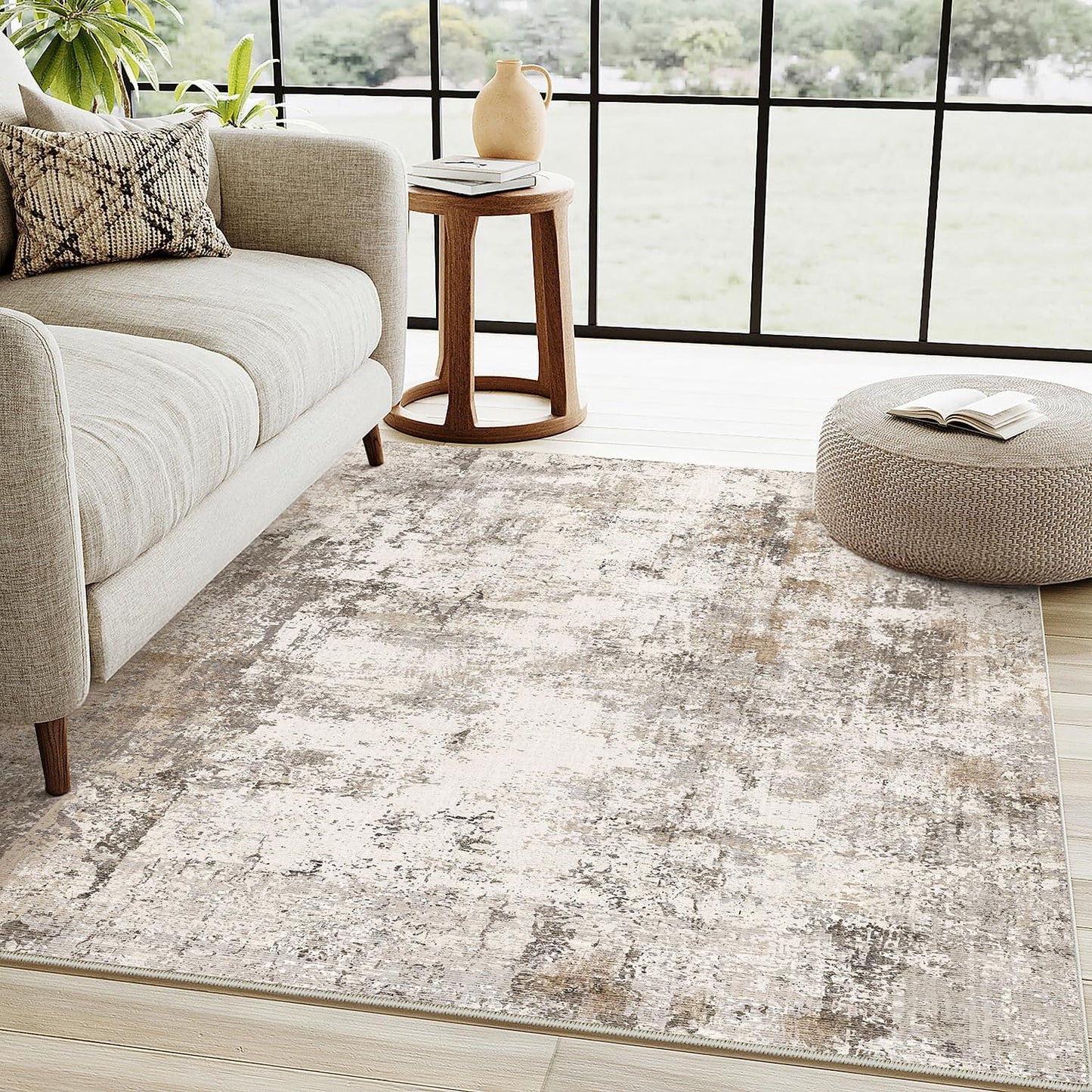 4x6 Washable Area Rug Brown Grey Neutral Abstract Entryway Kitchen Non Slip Low Pile Throw Rug Living Room Bedroom Indoor Doormat Soft Carpet for Entrance Bathroom Office