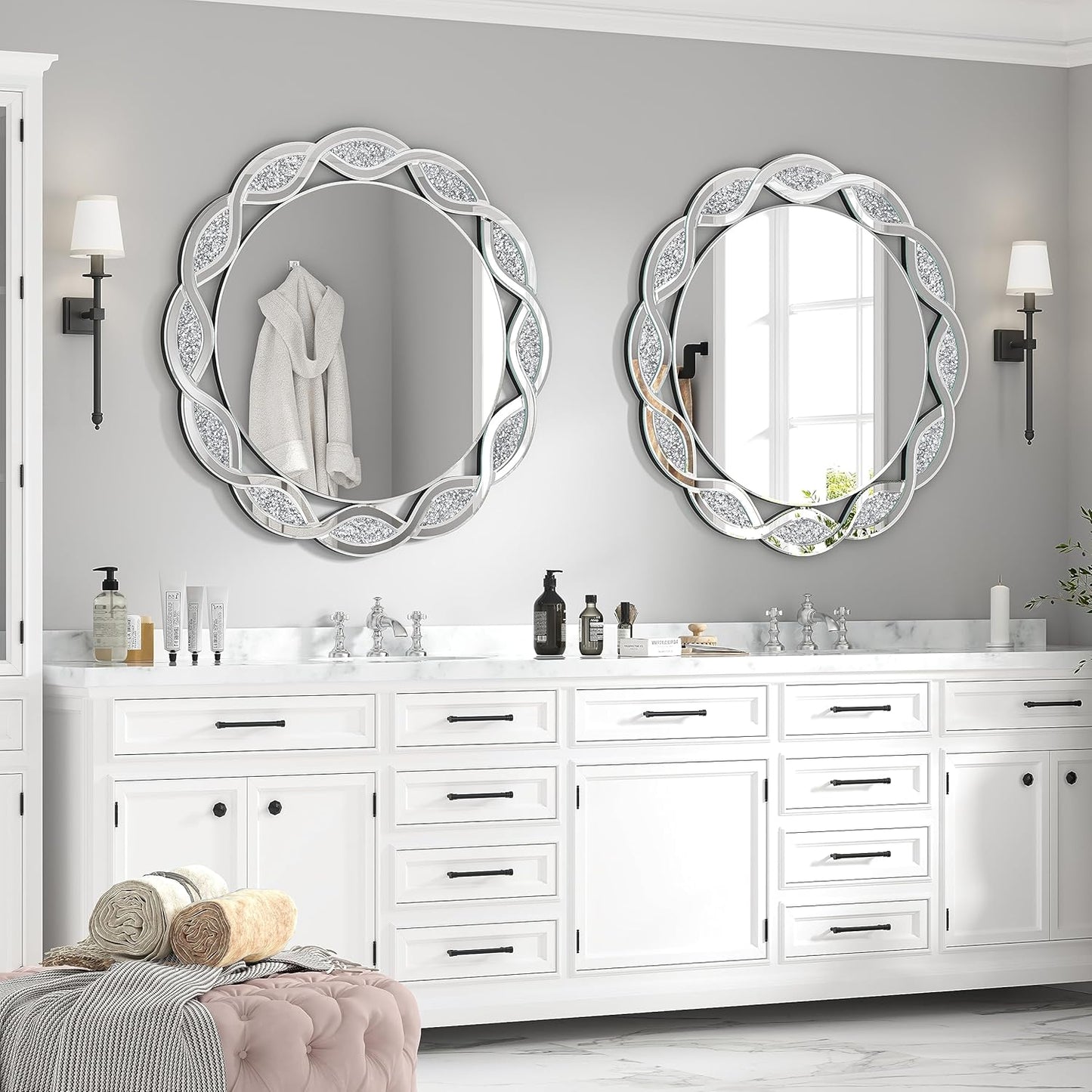 Crystal Decorative Mirror-32 x32 Gorgeous Silver Mirror Crush Diamond Mirror for Wall Decoration Bedroom Bathroom Dining Room and Living Room